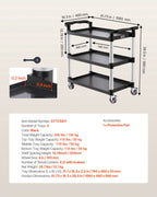 VEVOR Utility Cart, 500 lbs Load Capacity, 3-tier Utility Plastic Cart with 360° Swivel Wheels (2 with Brakes), 31.1 x 19.3-inch Food Service Cart for Warehouse, Office, Home, Restaurant, Kitchen