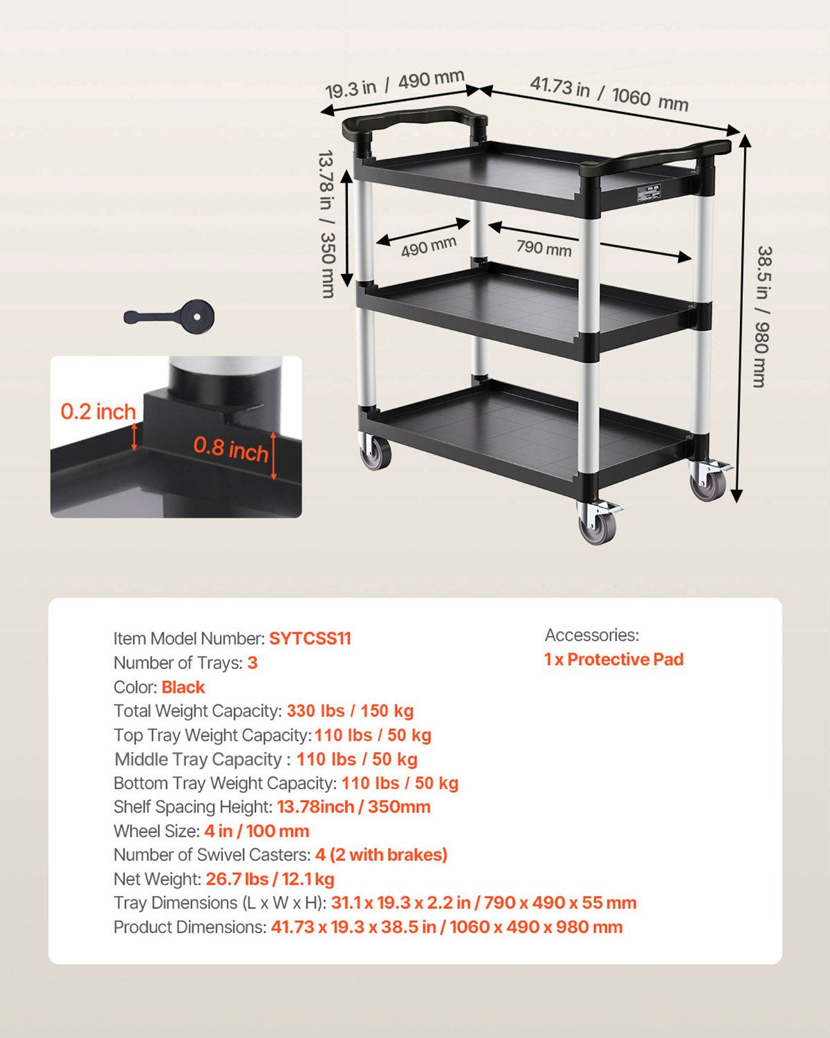 VEVOR Utility Cart, 500 lbs Load Capacity, 3-tier Utility Plastic Cart with 360° Swivel Wheels (2 with Brakes), 31.1 x 19.3-inch Food Service Cart for Warehouse, Office, Home, Restaurant, Kitchen
