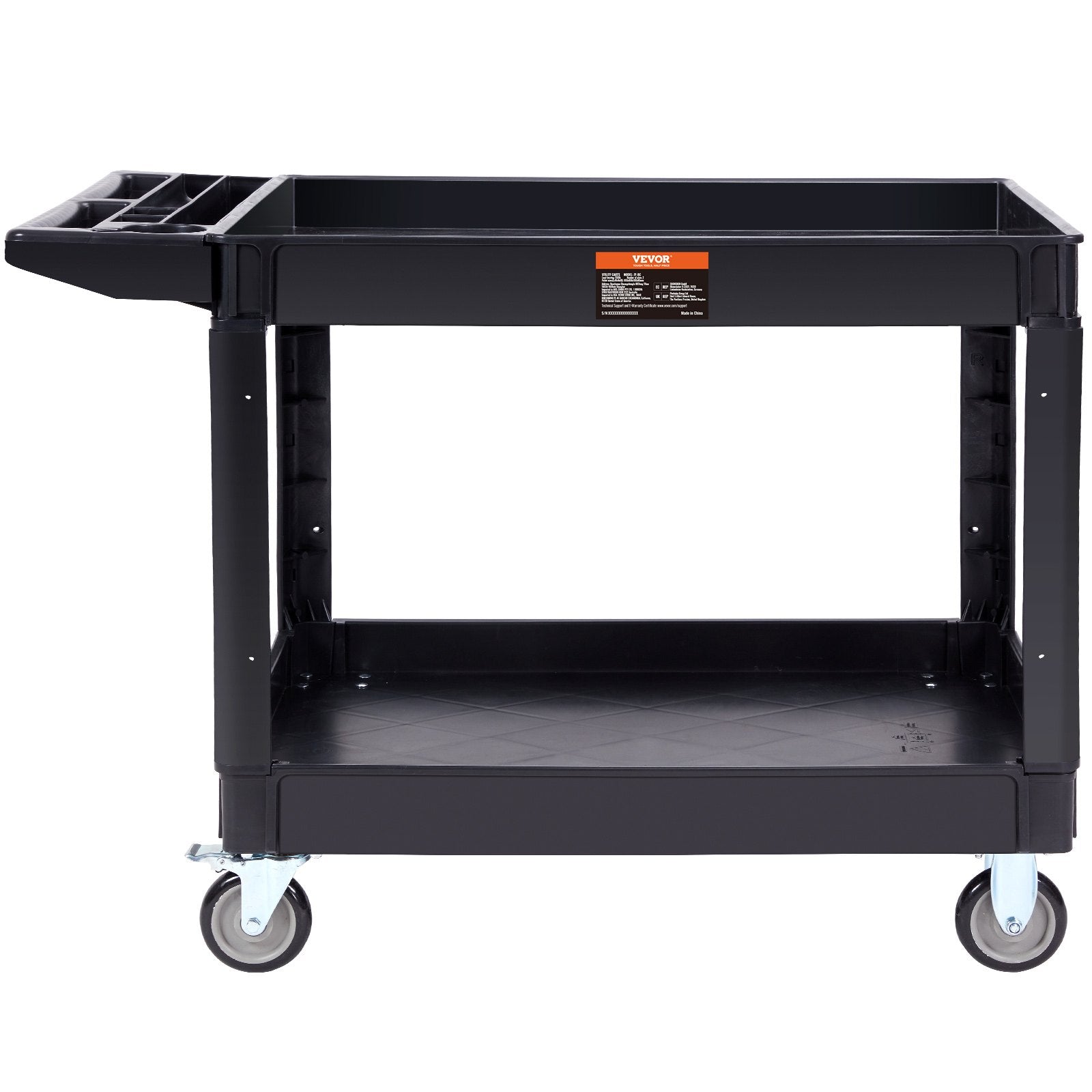 VEVOR Utility Service Cart, 2 Shelf 249.5 kg Heavy Duty Plastic Rolling Utility Cart with 360° Swivel Wheels (2 with Brakes), Large Lipped Shelf, Ergonomic Storage Handle for Warehouse/Garage/Cleaning
