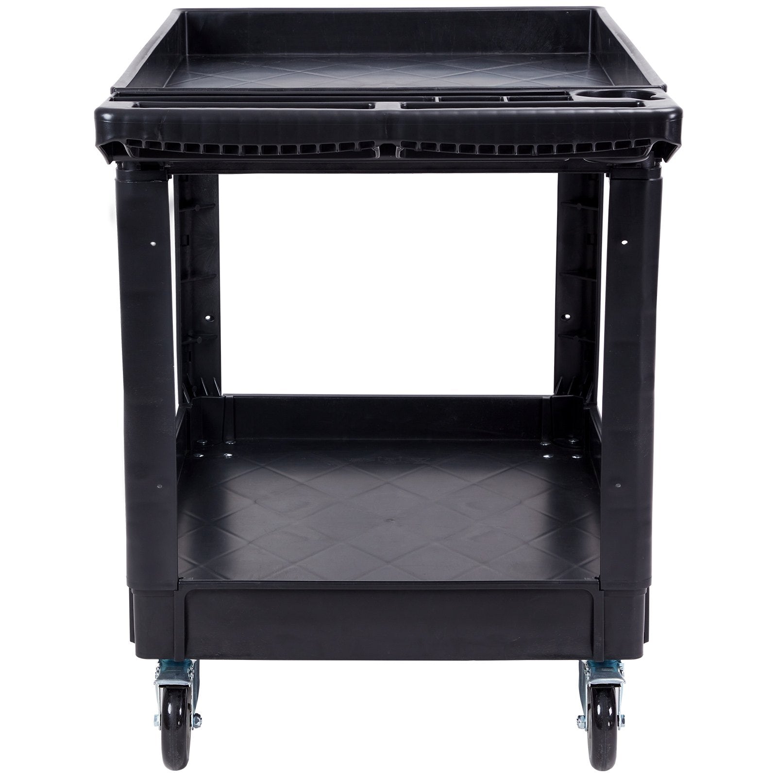 VEVOR Utility Service Cart, 2 Shelf 249.5 kg Heavy Duty Plastic Rolling Utility Cart with 360° Swivel Wheels (2 with Brakes), Large Lipped Shelf, Ergonomic Storage Handle for Warehouse/Garage/Cleaning