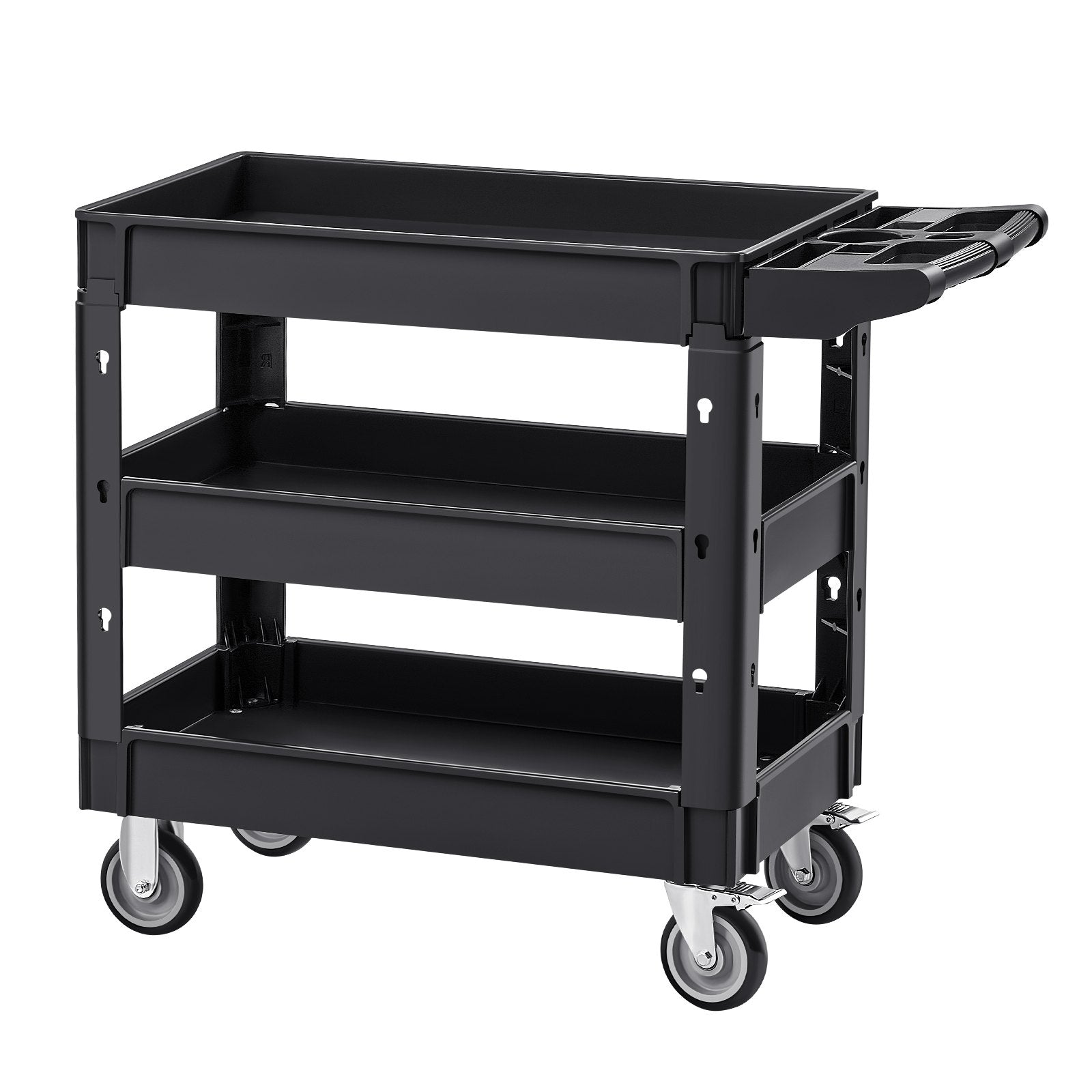 VEVOR Utility Service Cart, 550 LBS Laod Capacity, 3 Shelf Heavy Duty Plastic Rolling Utility Cart with 360° Swivel Wheels (2 with Brakes), Ergonomic Storage Handle for Warehouse/Garage/Cleaning