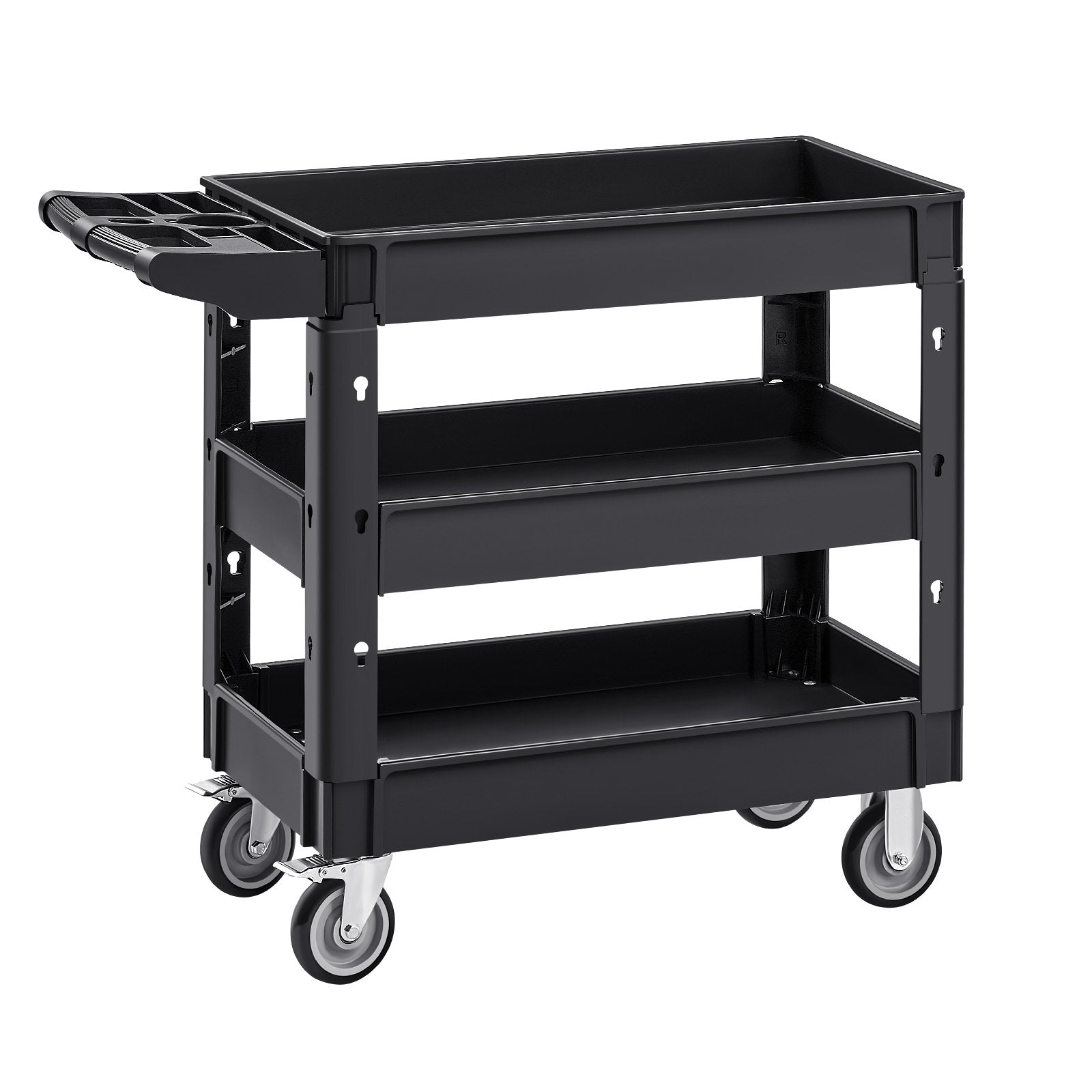 VEVOR Utility Service Cart, 550 LBS Laod Capacity, 3 Shelf Heavy Duty Plastic Rolling Utility Cart with 360° Swivel Wheels (2 with Brakes), Ergonomic Storage Handle for Warehouse/Garage/Cleaning