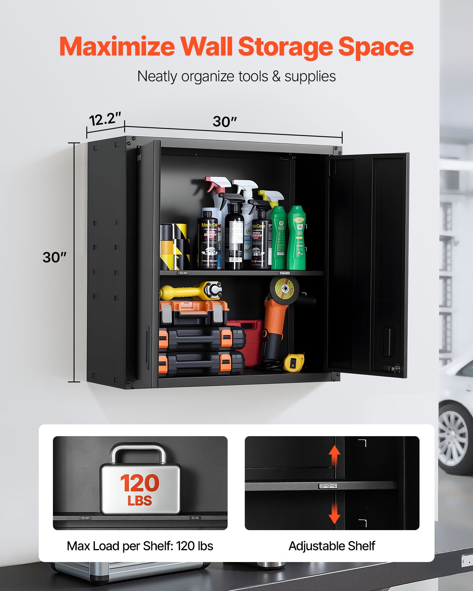 VEVOR Metal Wall Cabinet, 76.2W x 31D x 76.2H cm, Steel Floating Hanging Storage Cabinet with Locking Doors and Adjustable Shelf for Garage, Basement, Kitchen, Warehouse Assembly Required, Black