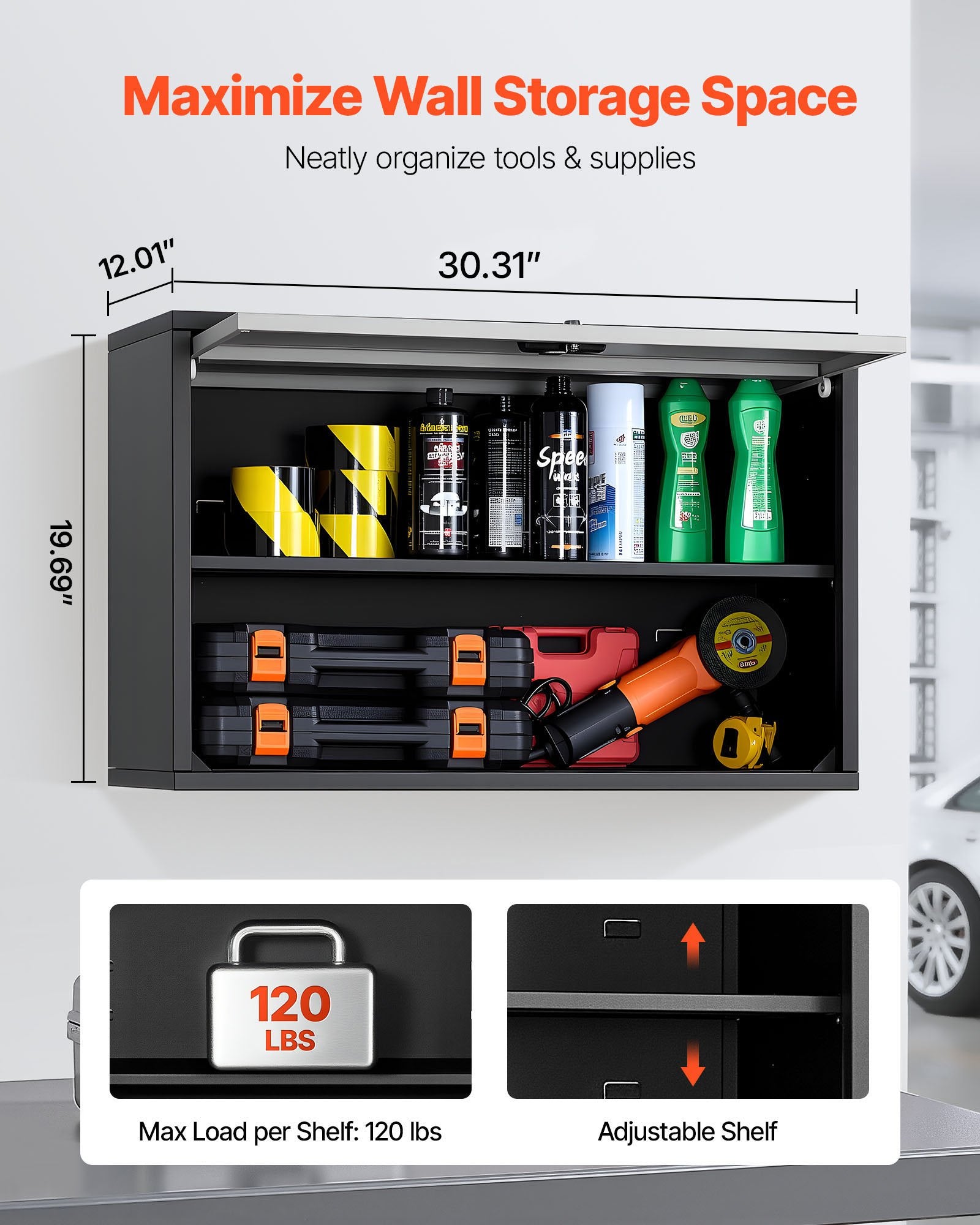 VEVOR Metal Wall Cabinet, 77W x 30.5D x 50H cm, Floating Garage Tool Cabinet with Up-Flip Door and Shelf, 108.9 kg Load Capacity, Fit for Garage, Basement, Kitchen, Warehouse Assembly Required