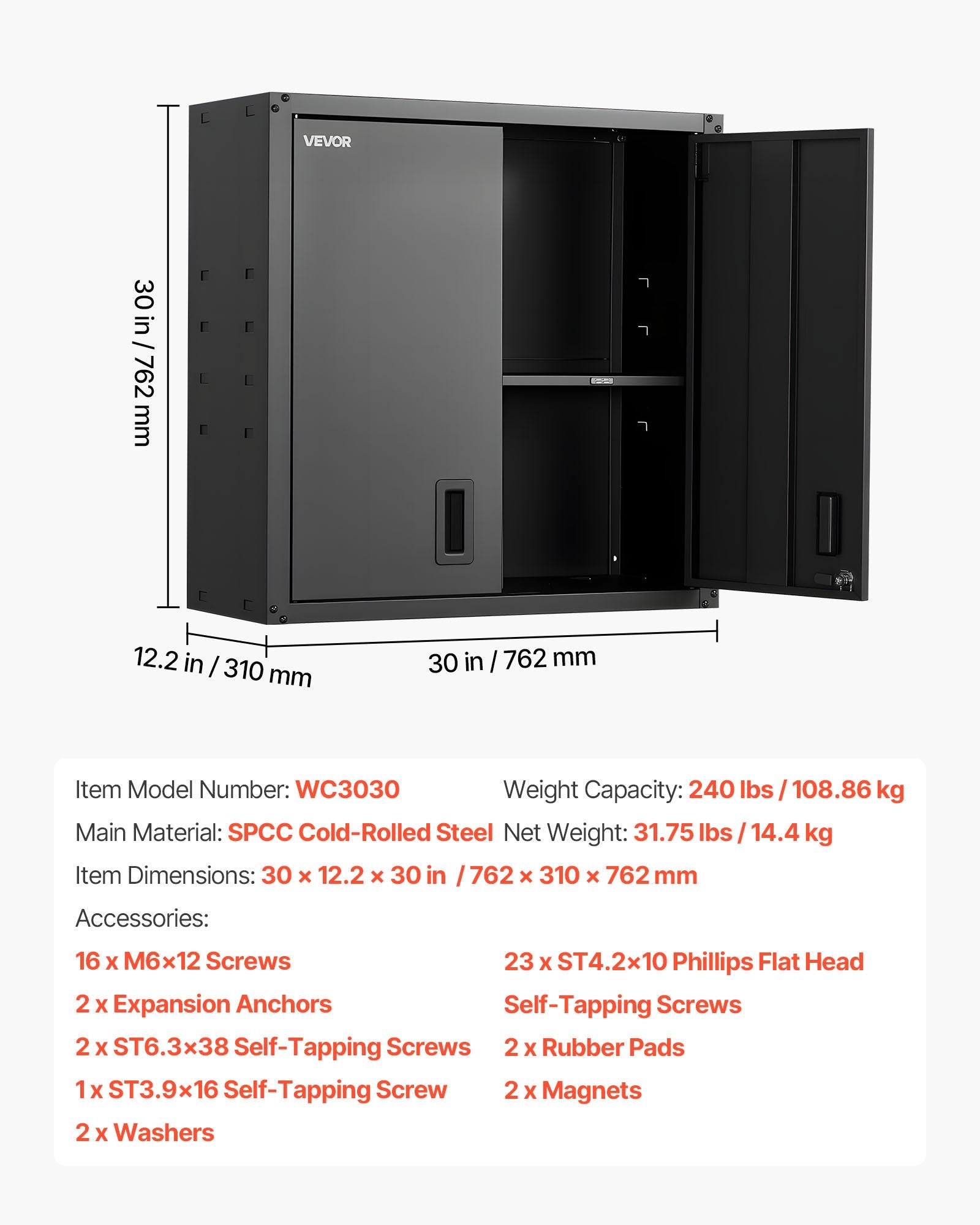 VEVOR Metal Wall Cabinet, 76.2W x 31D x 76.2H cm, Steel Floating Hanging Storage Cabinet with Locking Doors and Adjustable Shelf for Garage, Basement, Kitchen, Warehouse Assembly Required, Black