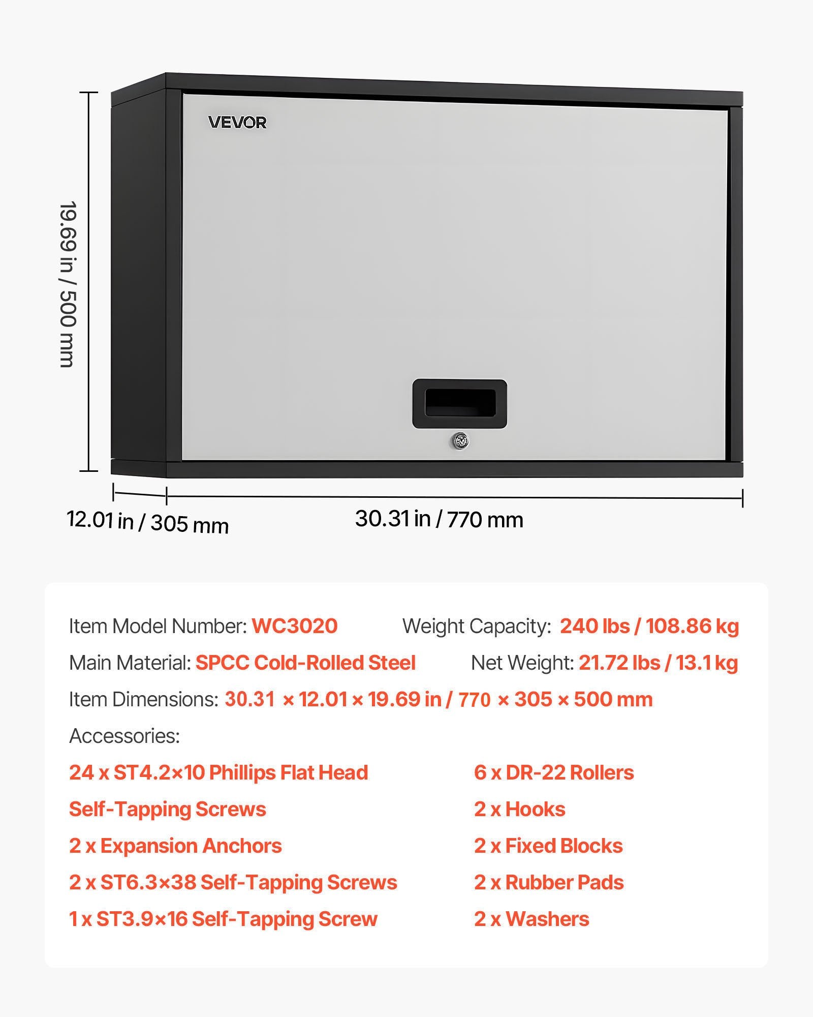 VEVOR Metal Wall Cabinet, 77W x 30.5D x 50H cm, Floating Garage Tool Cabinet with Up-Flip Door and Shelf, 108.9 kg Load Capacity, Fit for Garage, Basement, Kitchen, Warehouse Assembly Required