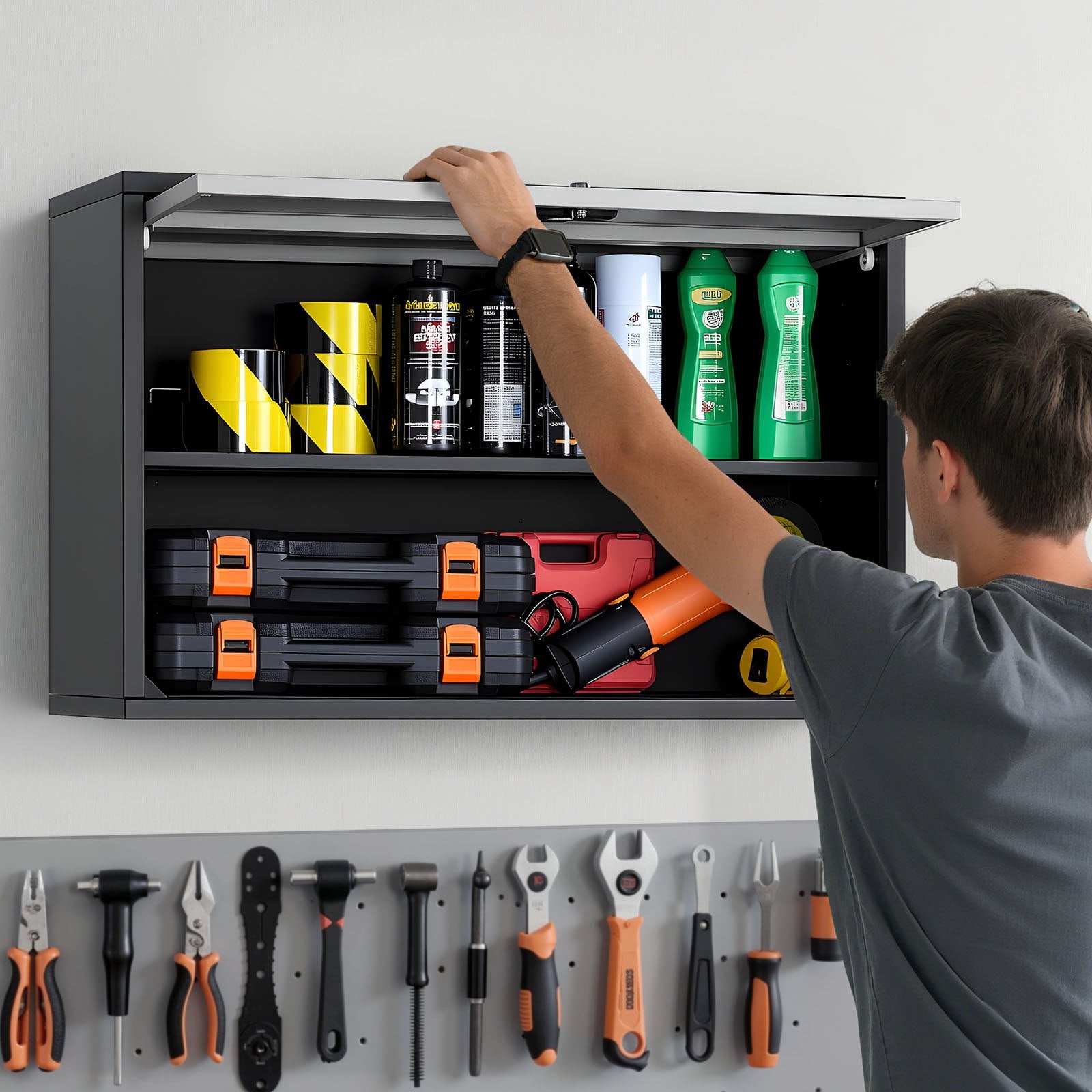 VEVOR Metal Wall Cabinet, 77W x 30.5D x 50H cm, Floating Garage Tool Cabinet with Up-Flip Door and Shelf, 108.9 kg Load Capacity, Fit for Garage, Basement, Kitchen, Warehouse Assembly Required