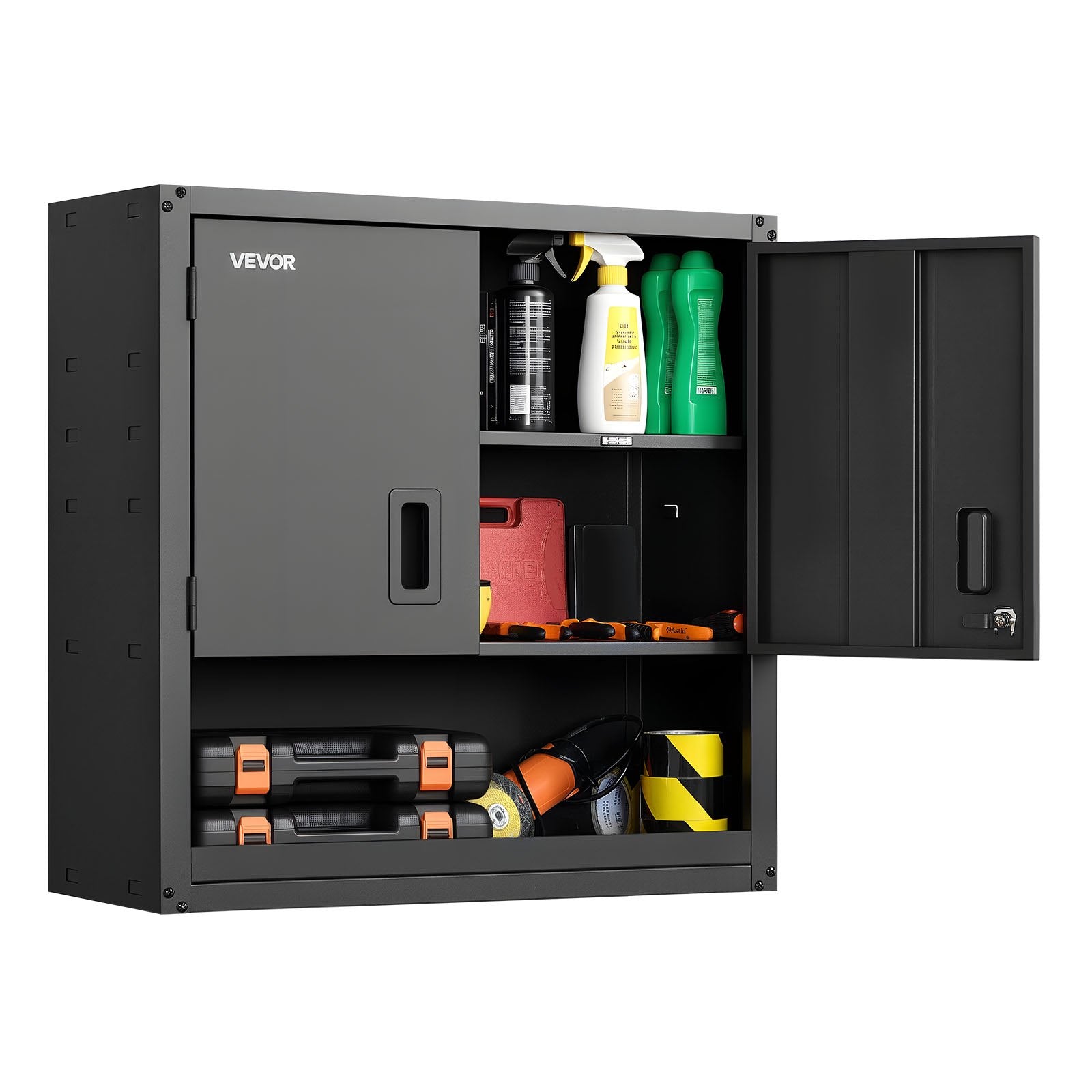 VEVOR Metal Wall Cabinet, 76.2W x 30.5D x 76.2H Inch, Steel Floating Hanging Storage Cabinet with Locking Doors and Adjustable Shelf for Garage, Basement, Kitchen, Warehouse Assembly Required, Black