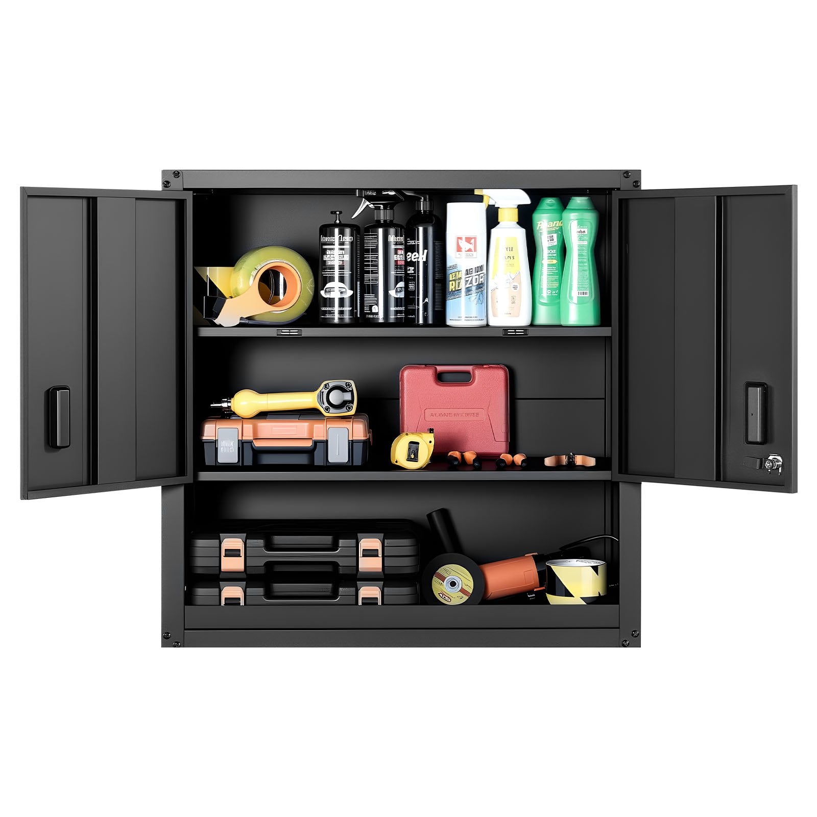 VEVOR Metal Wall Cabinet, 76.2W x 30.5D x 76.2H Inch, Steel Floating Hanging Storage Cabinet with Locking Doors and Adjustable Shelf for Garage, Basement, Kitchen, Warehouse Assembly Required, Black