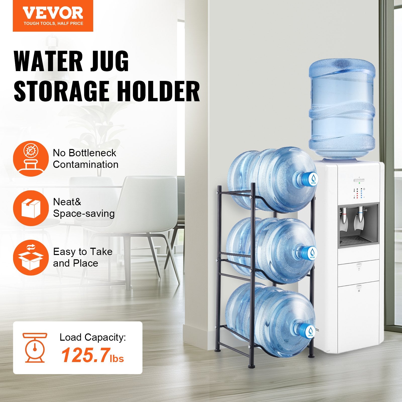 VEVOR 3 Tiers Water Jug Holder, 5 Gallon Water Bottle Holder, Single Row Water Bottle Rack for 3 Bottles, Heavy Duty Water Jug Rack for Kitchen, Office, Living Room, Black