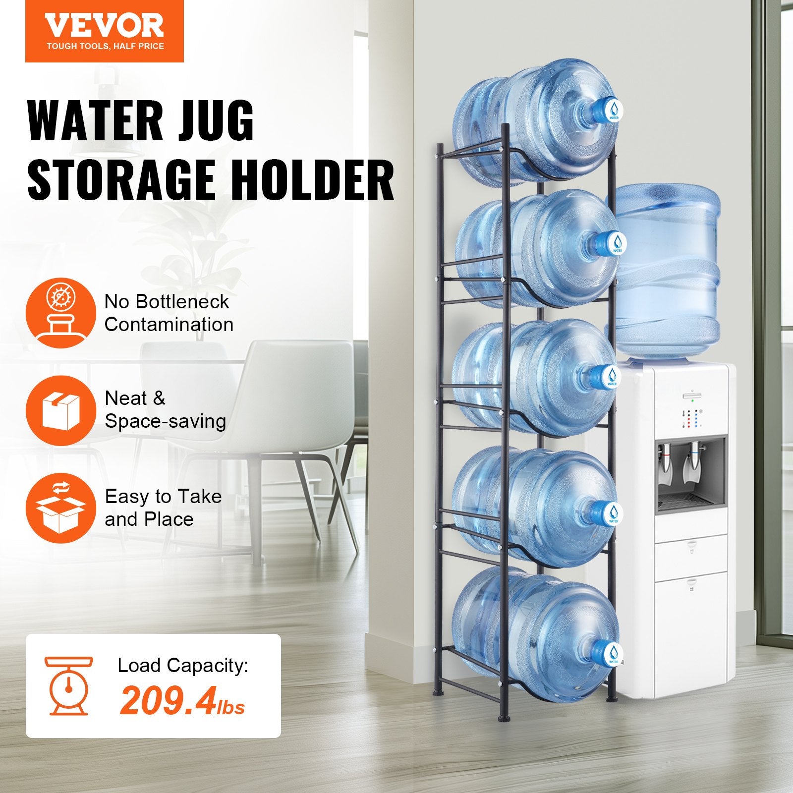 VEVOR 5 Tiers Water Jug Holder Single Row Water Bottle Rack for 5 Bottles, Heavy Duty Water Dispenser Rack with 5 Slots for Gallon Jugs, Detachable Water Storage Shelf Organizer for Home Living Room Office, Black