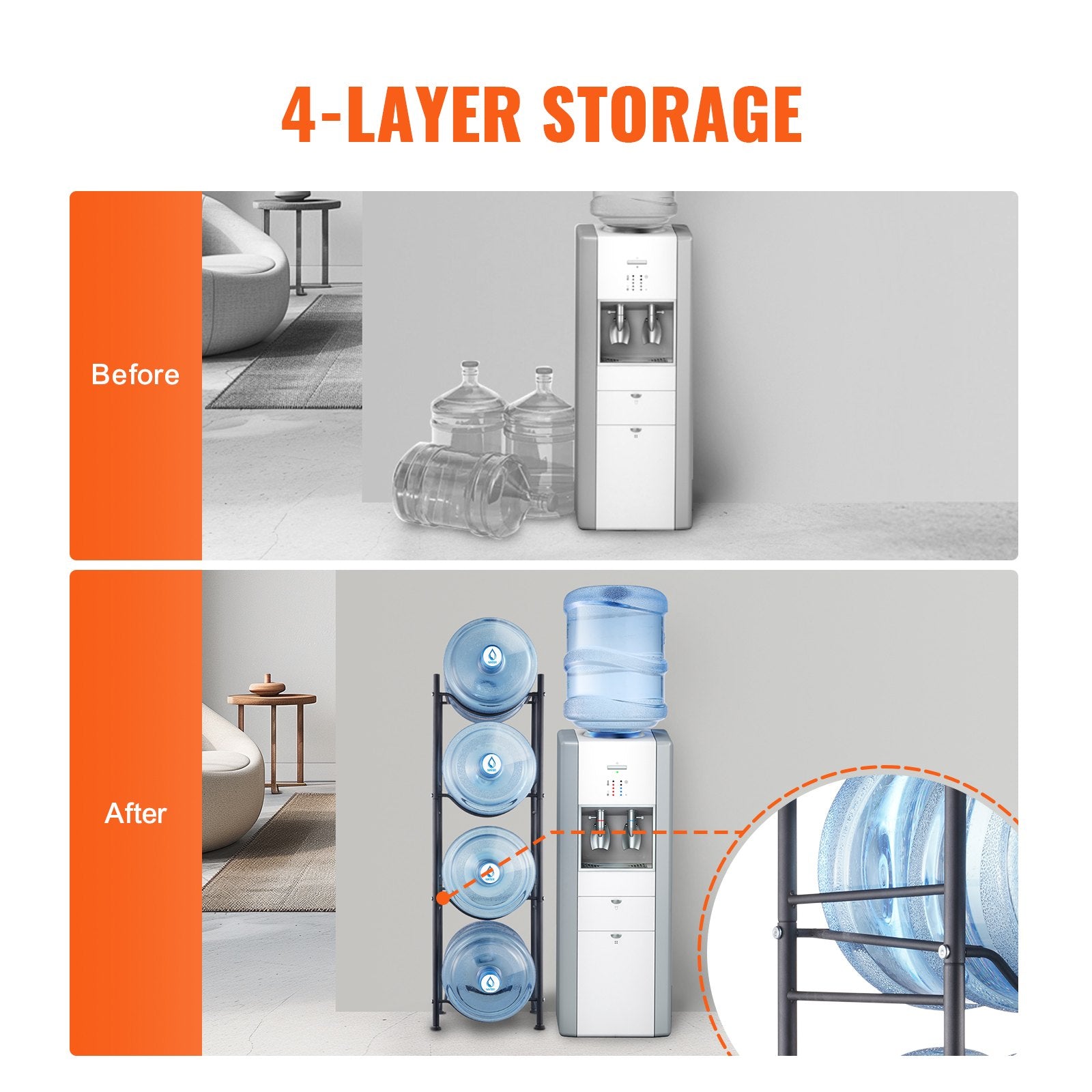 VEVOR 4 Tiers Water Jug Holder, 5 Gallon Water Bottle Holder, Single Row Water Bottle Rack for 4 Bottles, Heavy Duty Water Jug Rack for Kitchen, Office, Living Room, Black