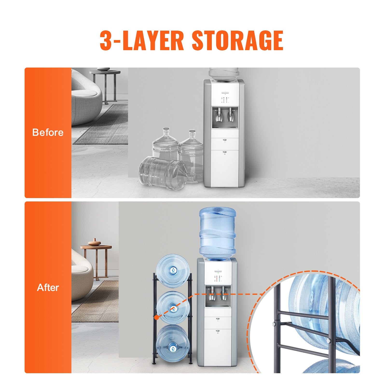 VEVOR 3 Tiers Water Jug Holder, 5 Gallon Water Bottle Holder, Single Row Water Bottle Rack for 3 Bottles, Heavy Duty Water Jug Rack for Kitchen, Office, Living Room, Black