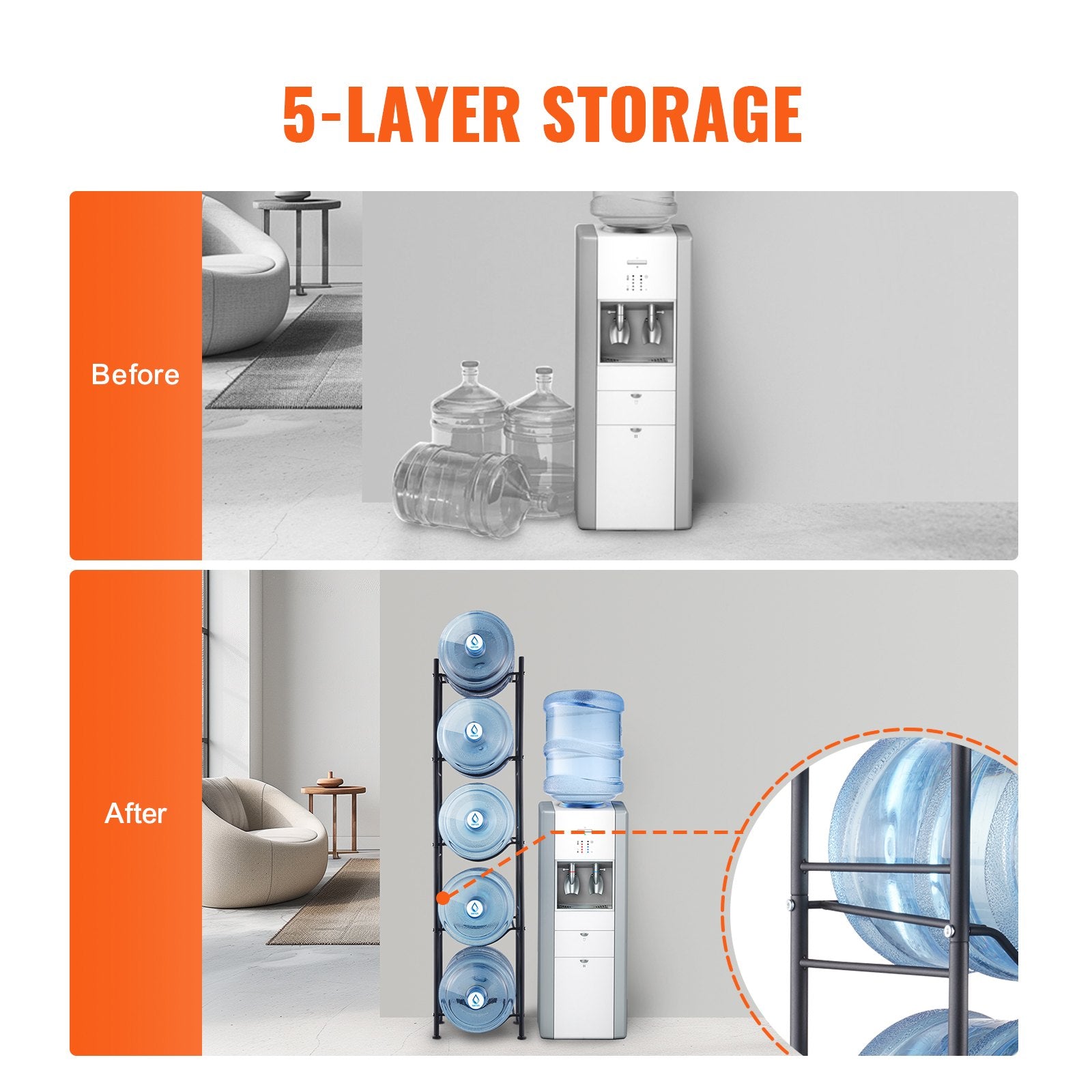 VEVOR 5 Tiers Water Jug Holder Single Row Water Bottle Rack for 5 Bottles, Heavy Duty Water Dispenser Rack with 5 Slots for Gallon Jugs, Detachable Water Storage Shelf Organizer for Home Living Room Office, Black