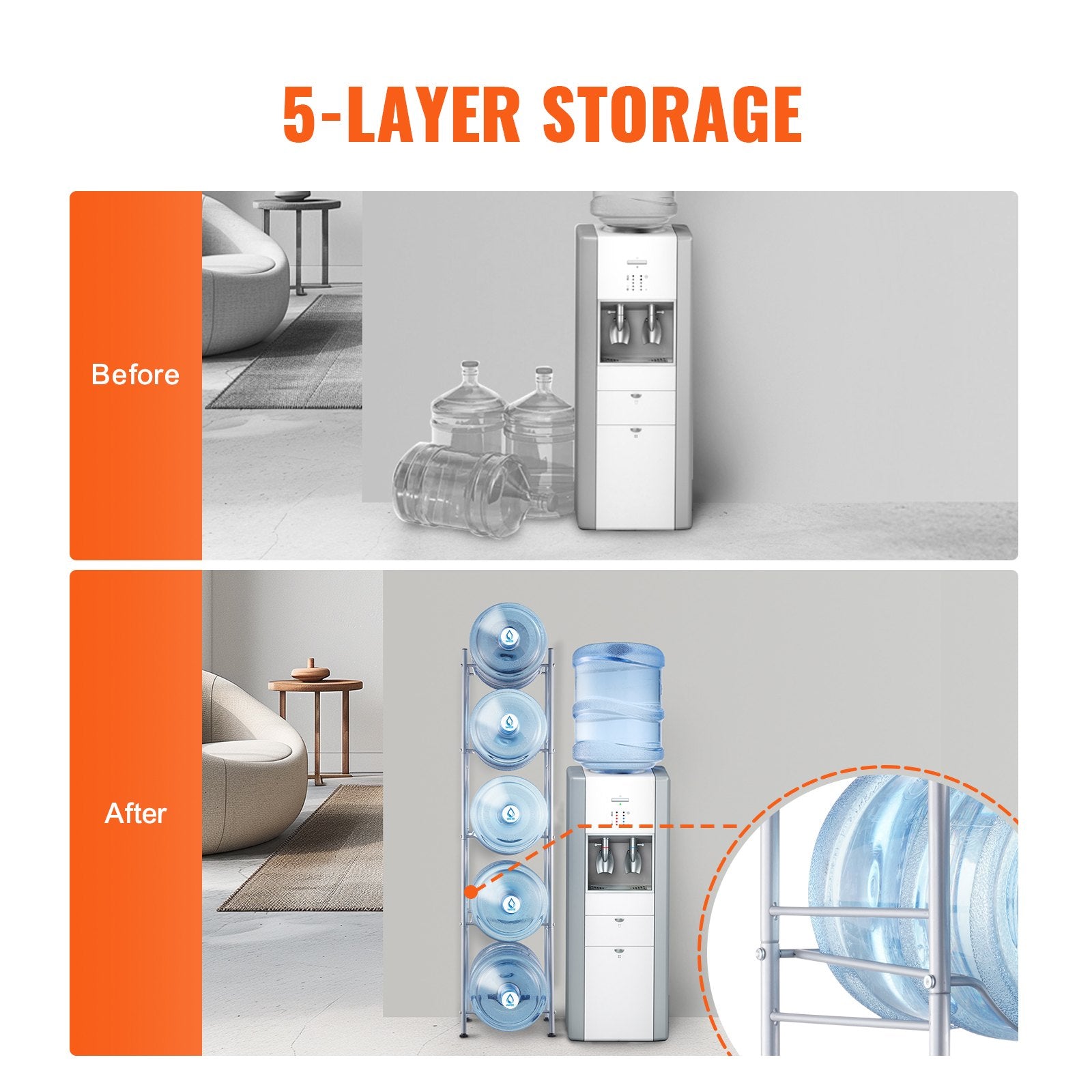 VEVOR 5 Tiers Water Jug Holder, 5 Gallon Water Bottle Holder, Single Row Water Bottle Rack for 5 Bottles, Heavy Duty Water Jug Rack for Kitchen, Office, Living Room, Silver