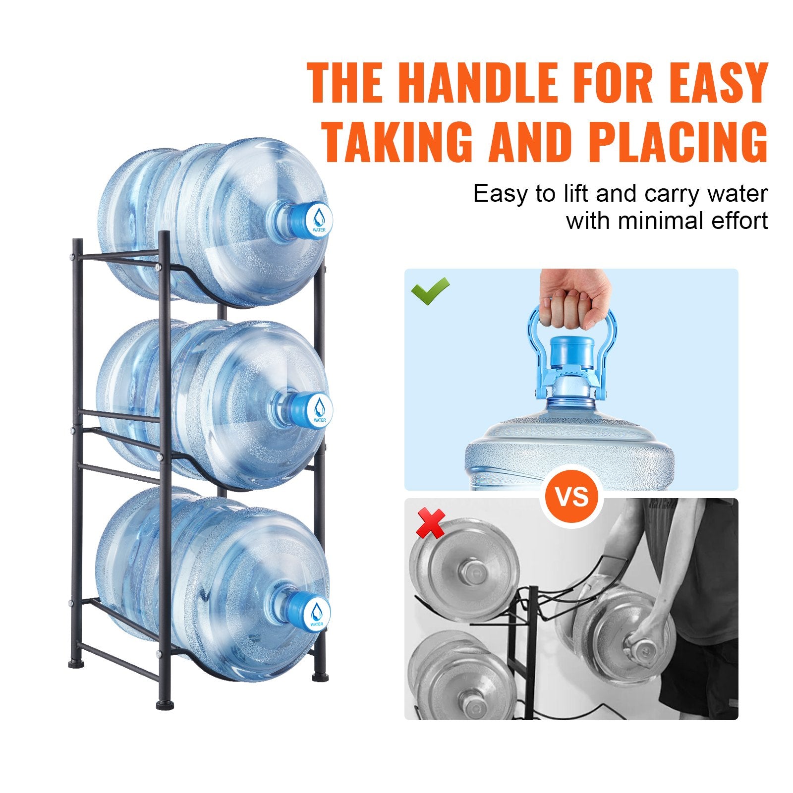 VEVOR 3 Tiers Water Jug Holder, 5 Gallon Water Bottle Holder, Single Row Water Bottle Rack for 3 Bottles, Heavy Duty Water Jug Rack for Kitchen, Office, Living Room, Black