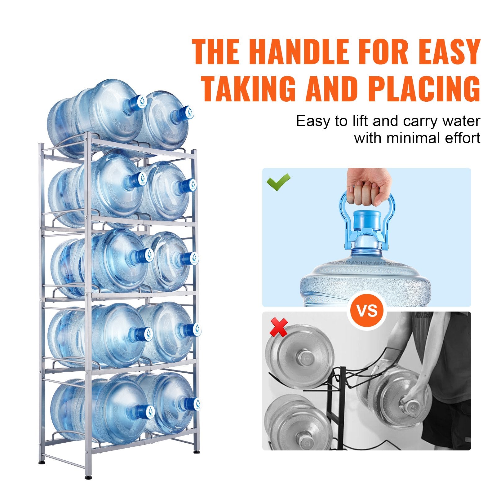 VEVOR 5 Tiers Water Jug Holder, 5 Gallon Water Bottle Holder, Double Row Water Bottle Rack for 10 Bottles, Heavy Duty Water Jug Rack for Kitchen, Office, Living Room, Silver Gray