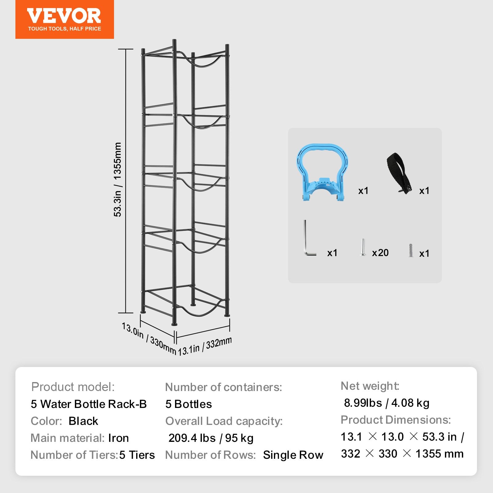 VEVOR 5 Tiers Water Jug Holder Single Row Water Bottle Rack for 5 Bottles, Heavy Duty Water Dispenser Rack with 5 Slots for Gallon Jugs, Detachable Water Storage Shelf Organizer for Home Living Room Office, Black