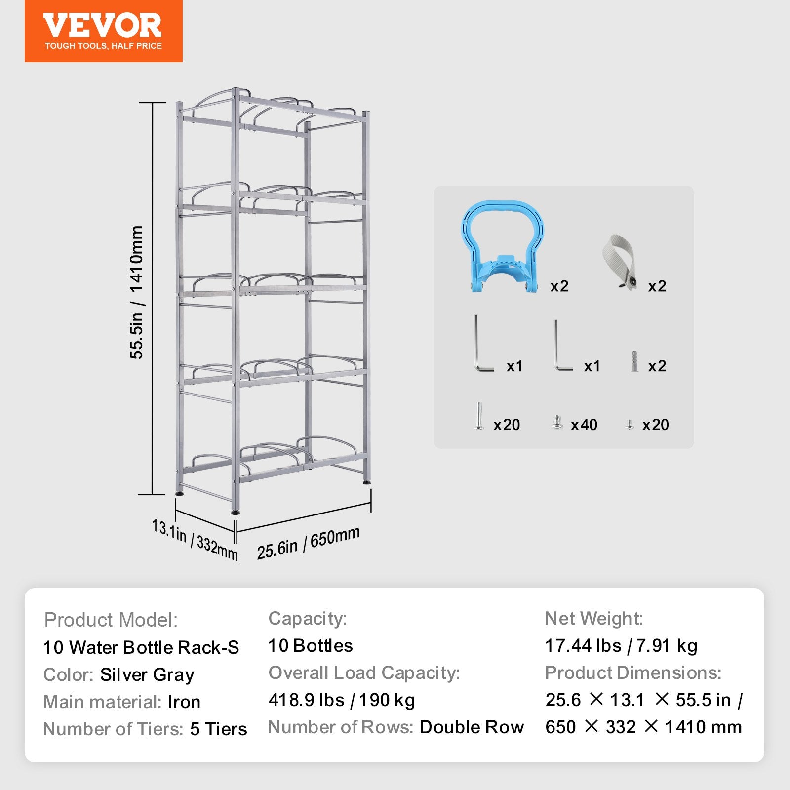 VEVOR 5 Tiers Water Jug Holder, 5 Gallon Water Bottle Holder, Double Row Water Bottle Rack for 10 Bottles, Heavy Duty Water Jug Rack for Kitchen, Office, Living Room, Silver Gray