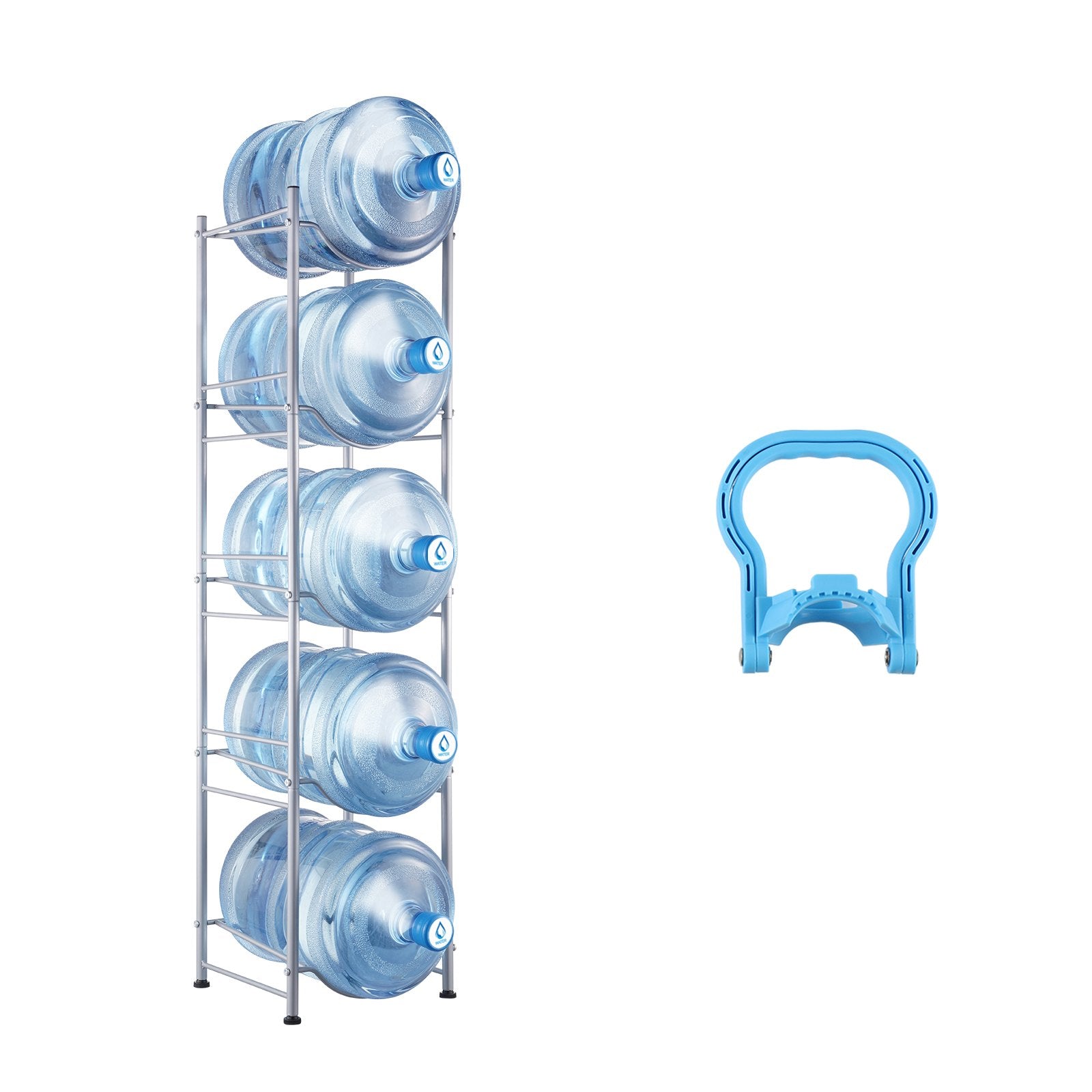 VEVOR 5 Tiers Water Jug Holder, 5 Gallon Water Bottle Holder, Single Row Water Bottle Rack for 5 Bottles, Heavy Duty Water Jug Rack for Kitchen, Office, Living Room, Silver