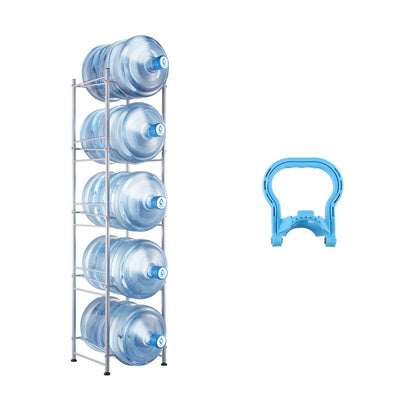 VEVOR 5 Tiers Water Jug Holder, 5 Gallon Water Bottle Holder, Single Row Water Bottle Rack for 5 Bottles, Heavy Duty Water Jug Rack for Kitchen, Office, Living Room, Silver