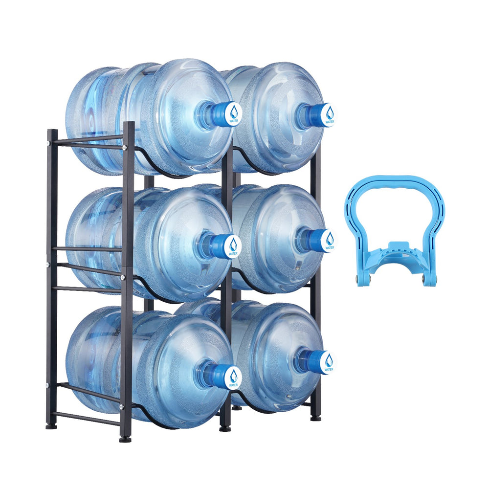 VEVOR 3 Tiers Water Jug Holder, 5 Gallon Water Bottle Holder, Double Row Water Bottle Rack for 6 Bottles, Heavy Duty Water Jug Rack for Kitchen, Office, Living Room, Black