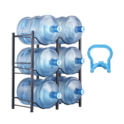 VEVOR 3 Tiers Water Jug Holder, 5 Gallon Water Bottle Holder, Double Row Water Bottle Rack for 6 Bottles, Heavy Duty Water Jug Rack for Kitchen, Office, Living Room, Black
