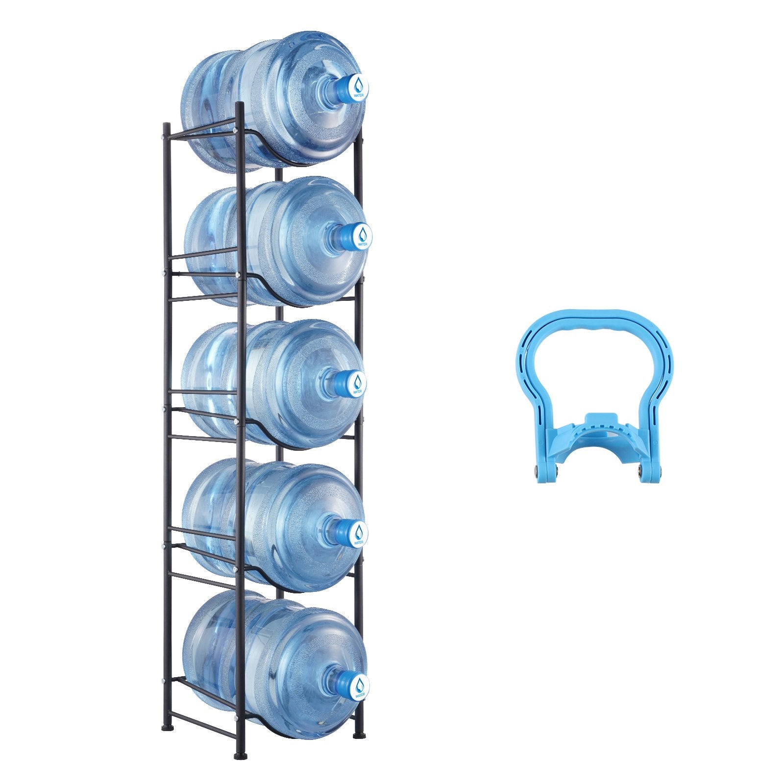 VEVOR 5 Tiers Water Jug Holder Single Row Water Bottle Rack for 5 Bottles, Heavy Duty Water Dispenser Rack with 5 Slots for Gallon Jugs, Detachable Water Storage Shelf Organizer for Home Living Room Office, Black