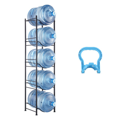 VEVOR 5 Tiers Water Jug Holder Single Row Water Bottle Rack for 5 Bottles, Heavy Duty Water Dispenser Rack with 5 Slots for Gallon Jugs, Detachable Water Storage Shelf Organizer for Home Living Room Office, Black