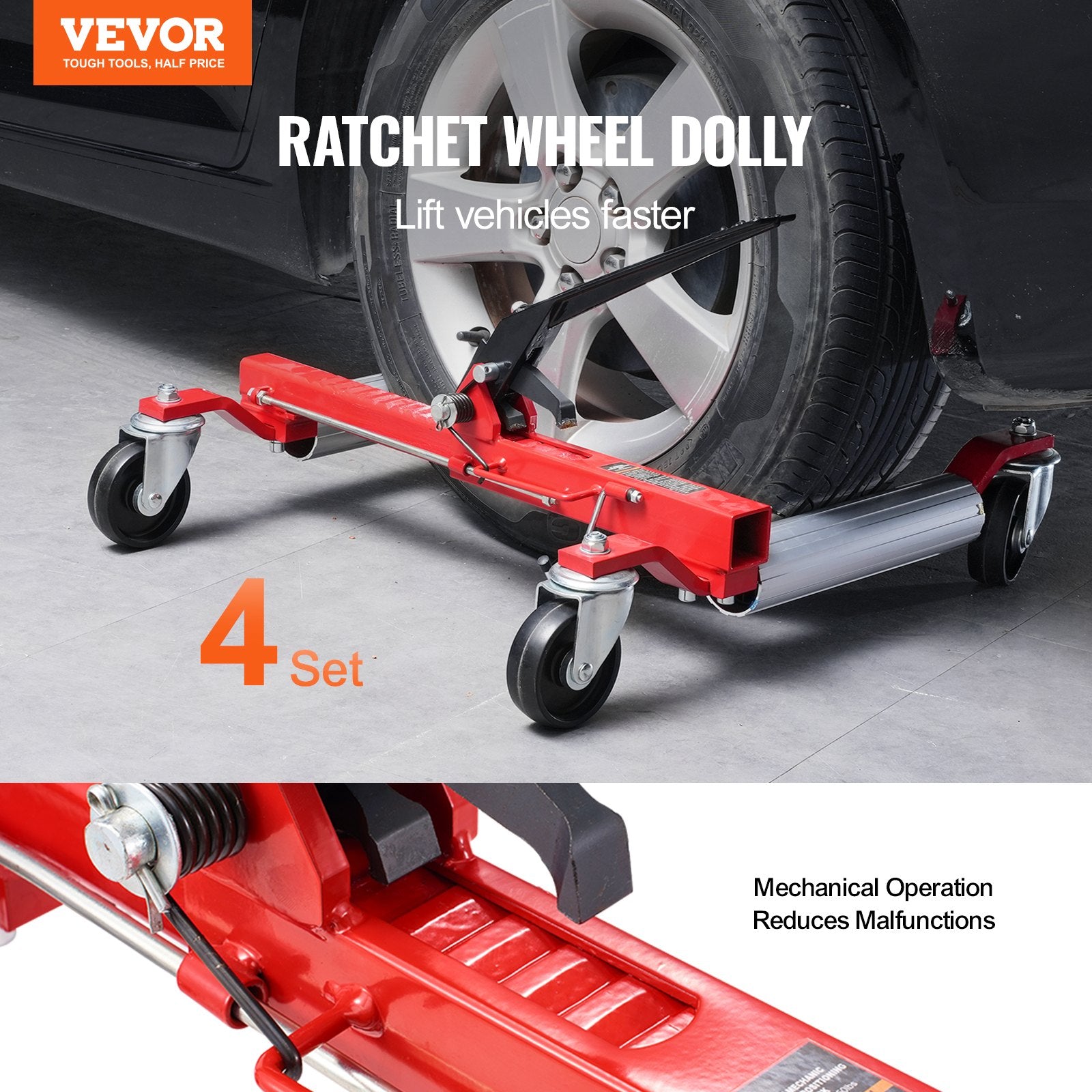 VEVOR Wheel Dolly, Max Capacity 1500 Lbs Car Dolly, Car Jack Dolly Lifter with 360° Rotatable Wheels, Heavy Duty Vehicle Positioning Ratchet Tire Jack, for Vehicle Car Auto Repair Moving, Set of 4