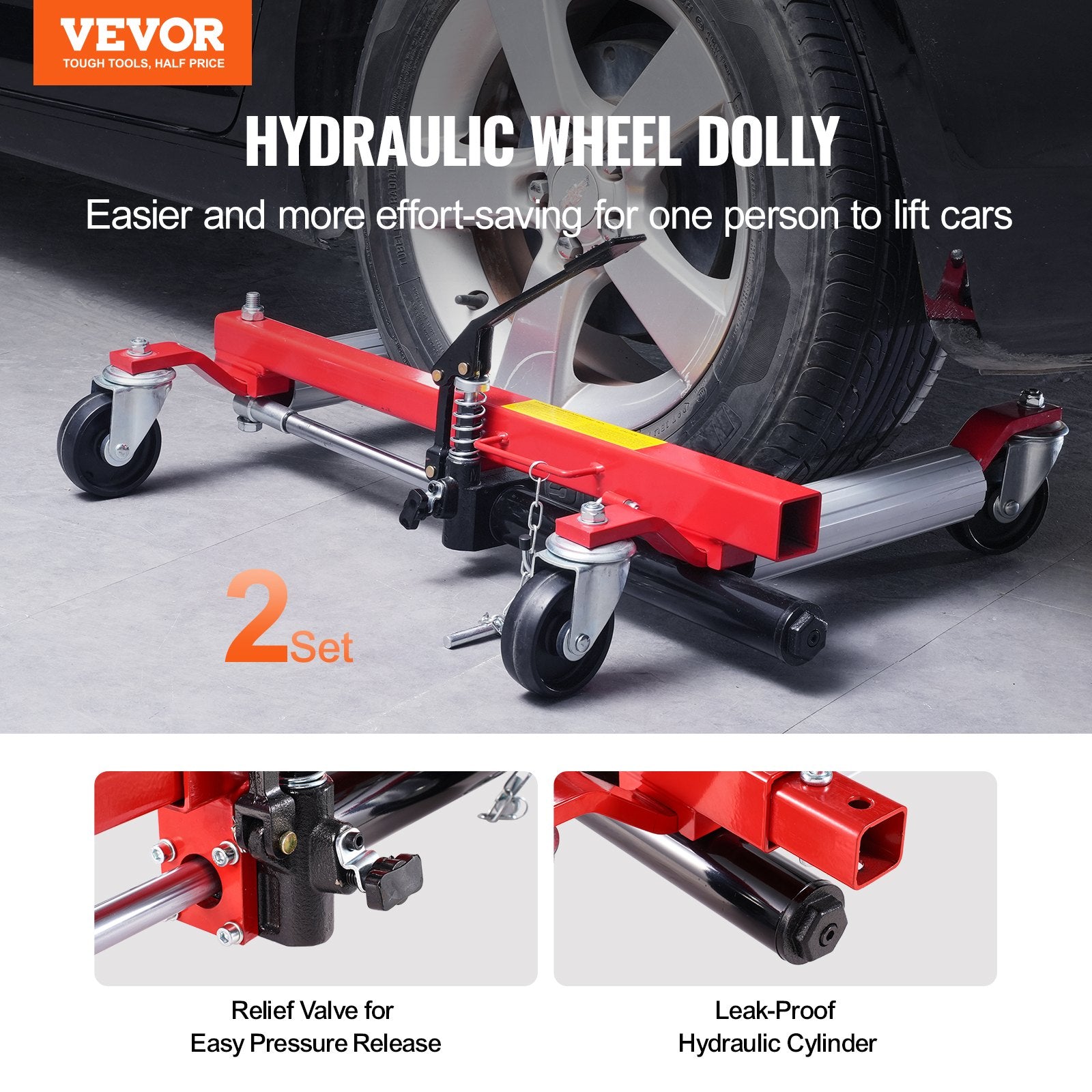 VEVOR Wheel Dolly, Max Capacity 1500 Lbs Car Dolly, Car Jack Dolly Lifter with 360° Rotatable Wheels, Heavy Duty Vehicle Positioning Hydraulic Tire Jack, for Vehicle Car Auto Repair Moving, Set of 2