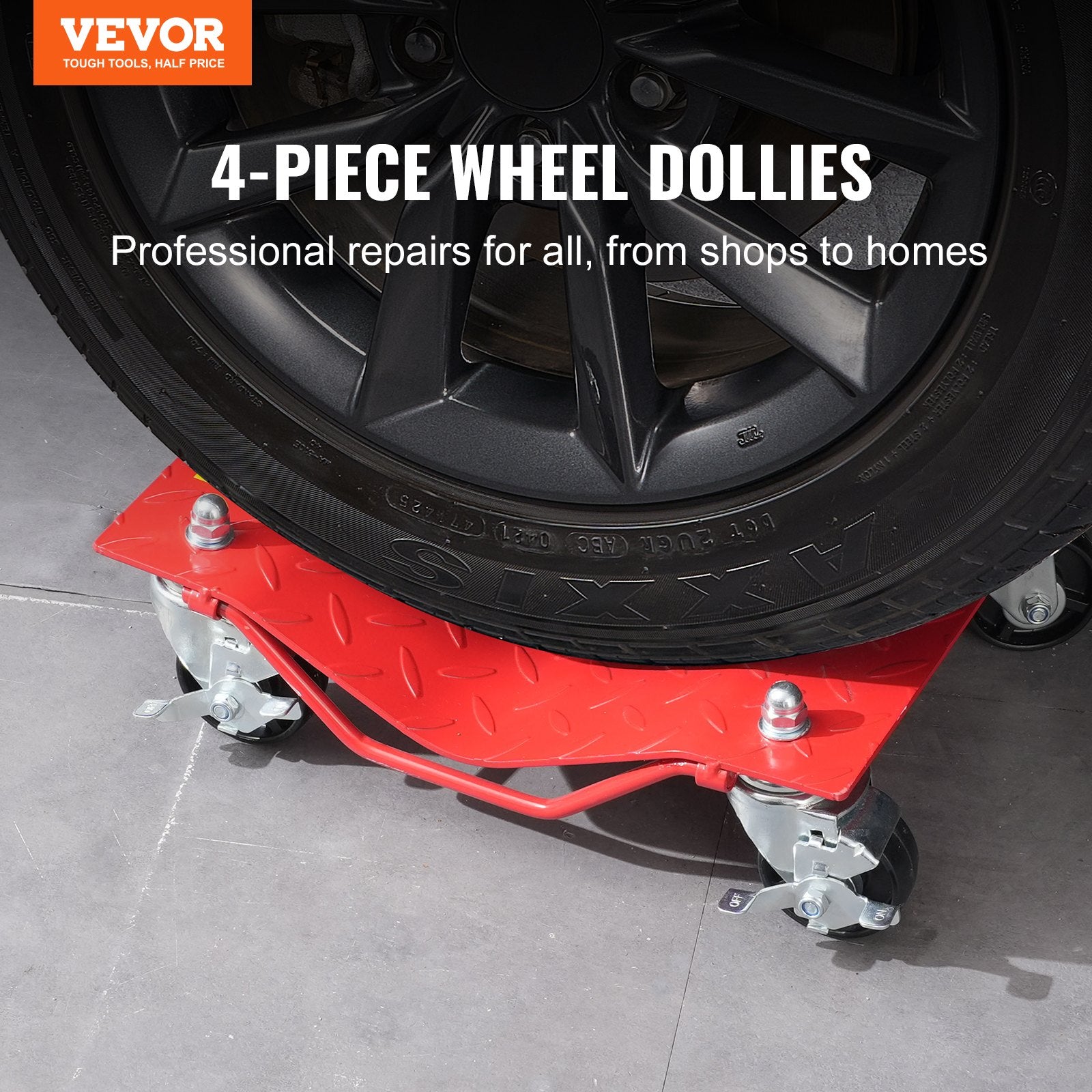 VEVOR Wheel Dolly, 8000 lbs Capacity Heavy-Duty Steel Car Mover, Wheel Dolly Car Tire Stake Set with Brakes, Vehicle Moving Cart Moving Cars, Trucks, Trailers, Motorcycles, and Boats, Set of 4, Red