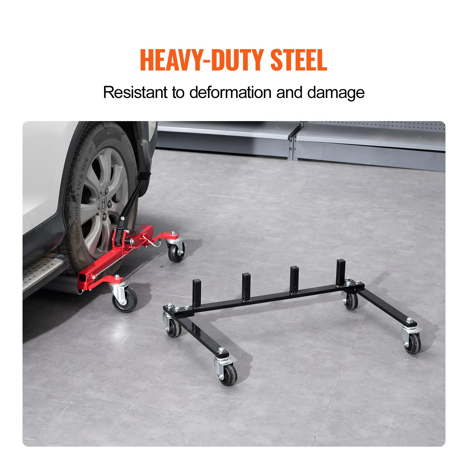 VEVOR Car Dolly Rack, Storage Rack with 360° Rotatable Wheels, Hydraulic Ratchet Trolley Jack Stand Organizer, Jack Stands Holder Storage Rack, 4-Dolly Capacity, Compatible with Most Dollies