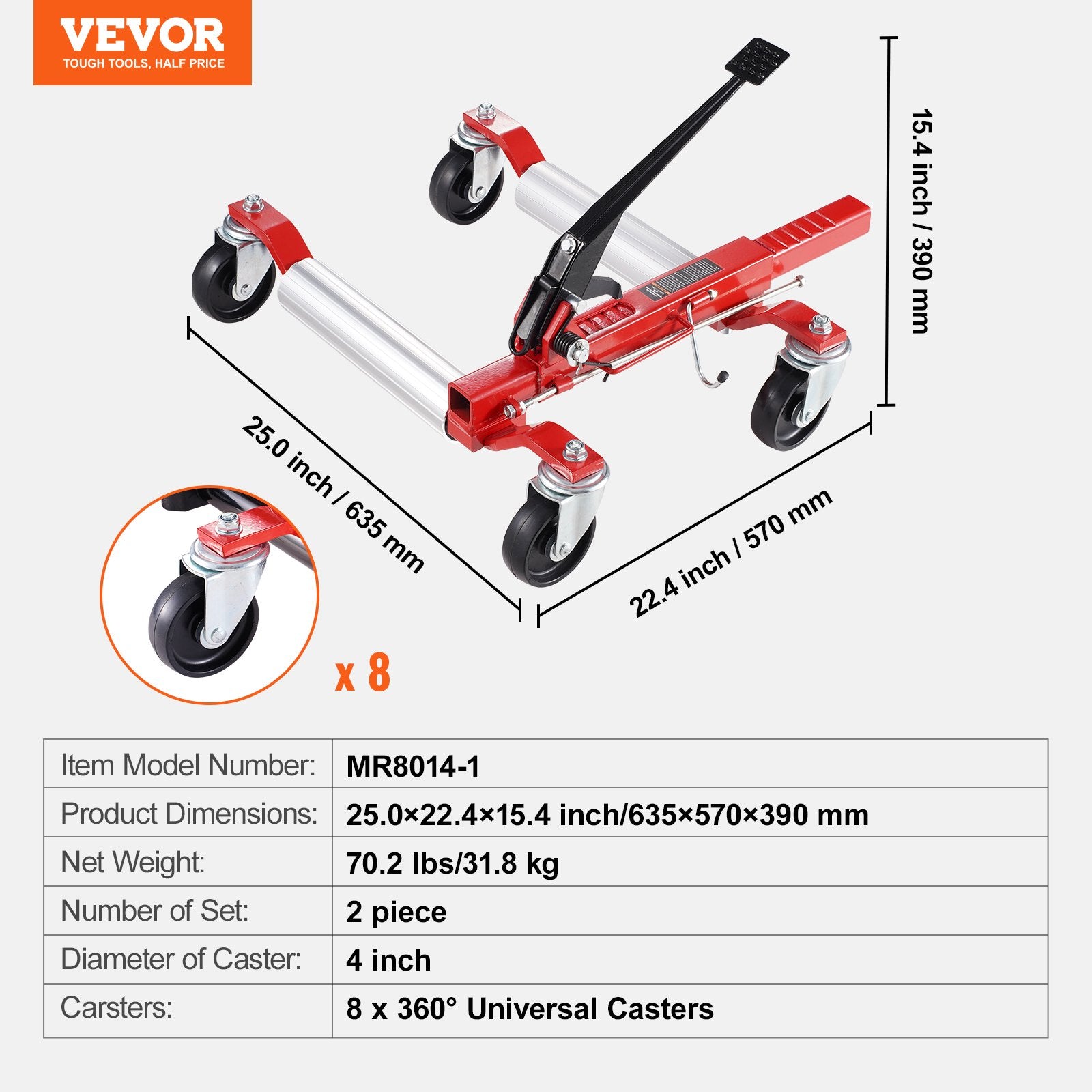VEVOR Wheel Dolly, Max Capacity 1500 Lbs Car Dolly, Car Jack Dolly Lifter with 360° Rotatable Wheels, Heavy Duty Vehicle Positioning Ratchet Tire Jack, for Vehicle Car Auto Repair Moving, Set of 2