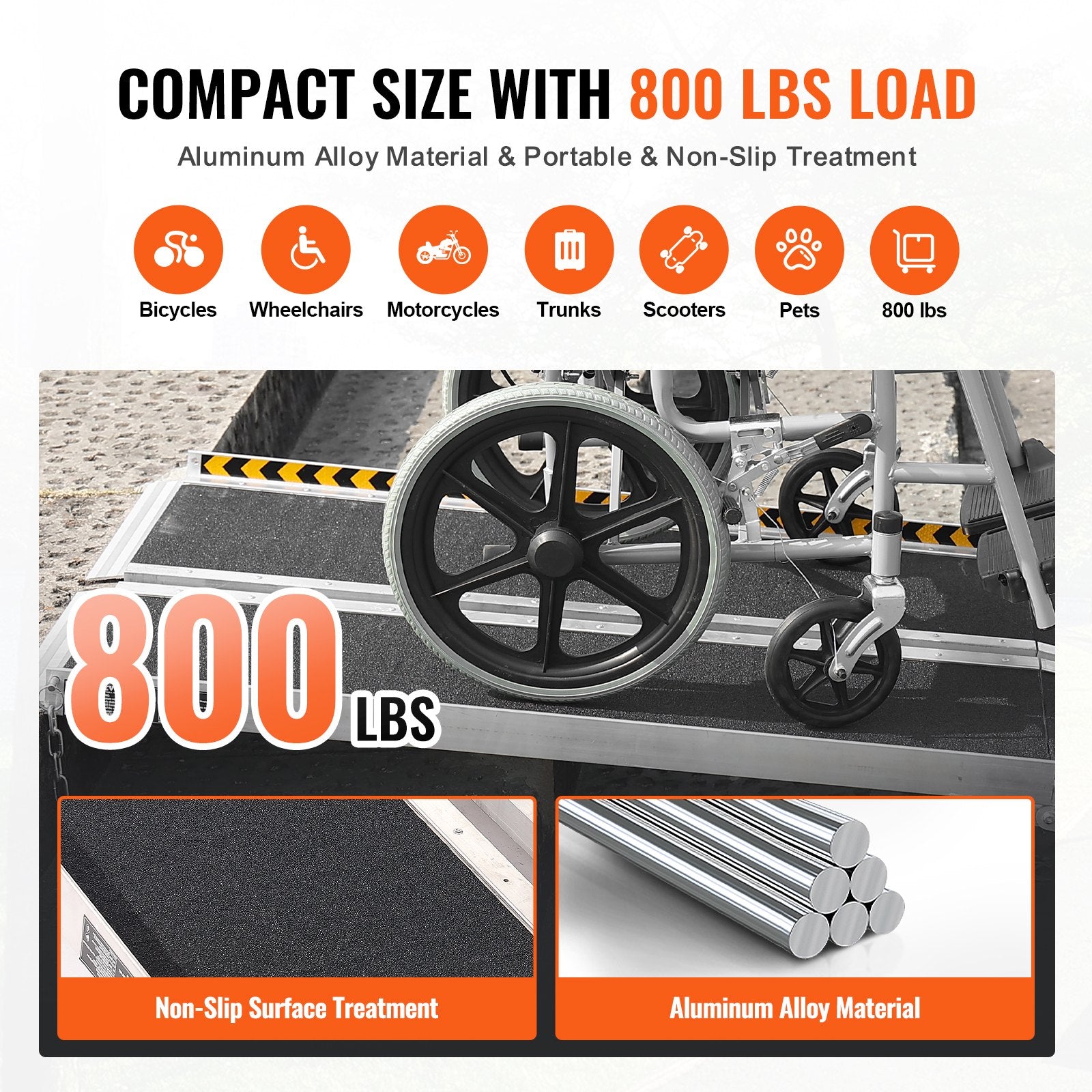 VEVOR Portable Wheelchair Ramp, 243.8 cm 363 kg Capacity, Non-Slip Aluminum Folding Threshold Ramp, Foldable Mobility Scooter Ramp Wheel Chair Ramp, Handicap Ramp for Home Steps, Stairs, Doorways, Curbs