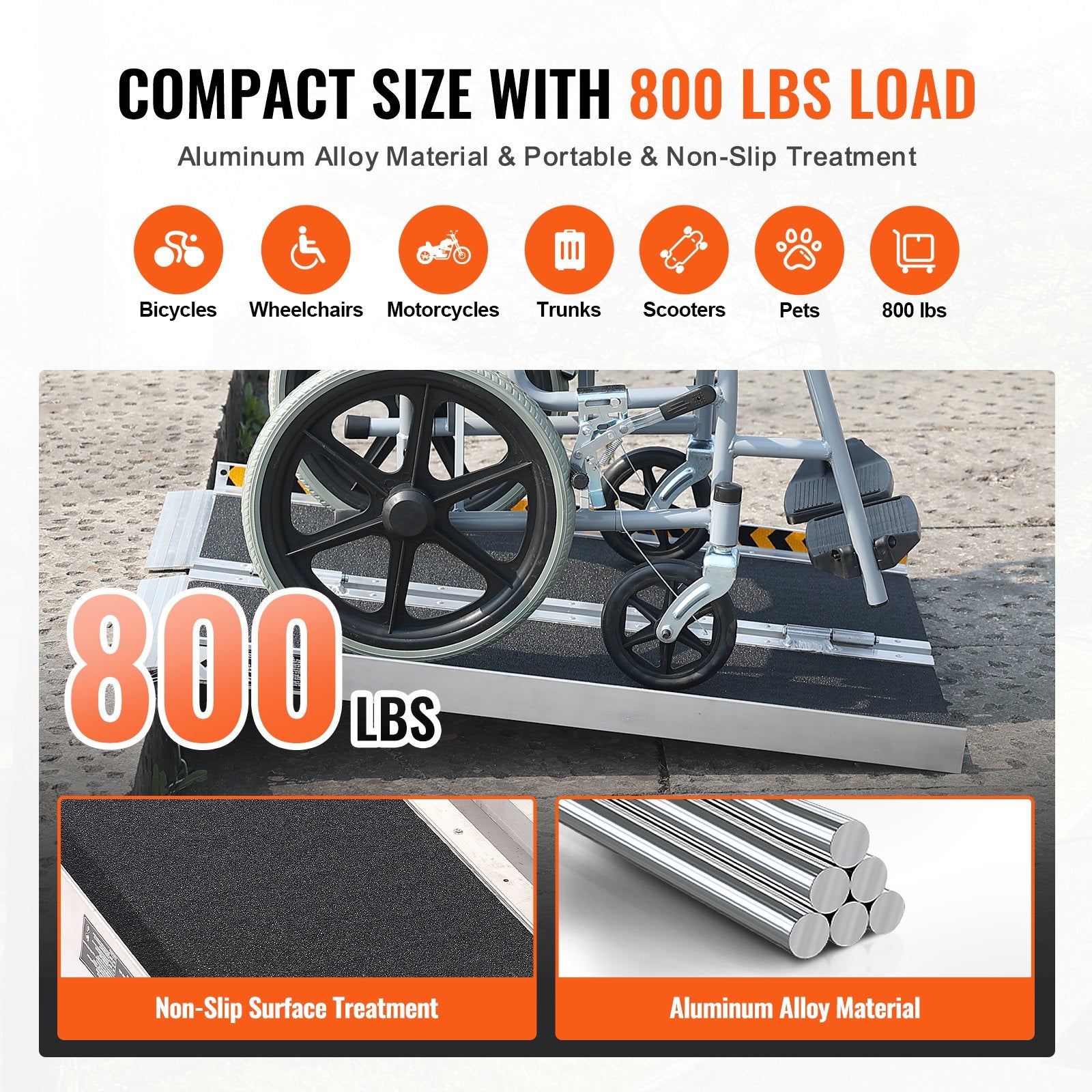 VEVOR Portable Wheelchair Ramp, 91.4 cm 362.9 kg Capacity, Non-Slip Aluminum Folding Threshold Ramp, Foldable Mobility Scooter Ramp Wheel Chair Ramp, Handicap Ramp for Home Steps, Stairs, Doorways, Curbs