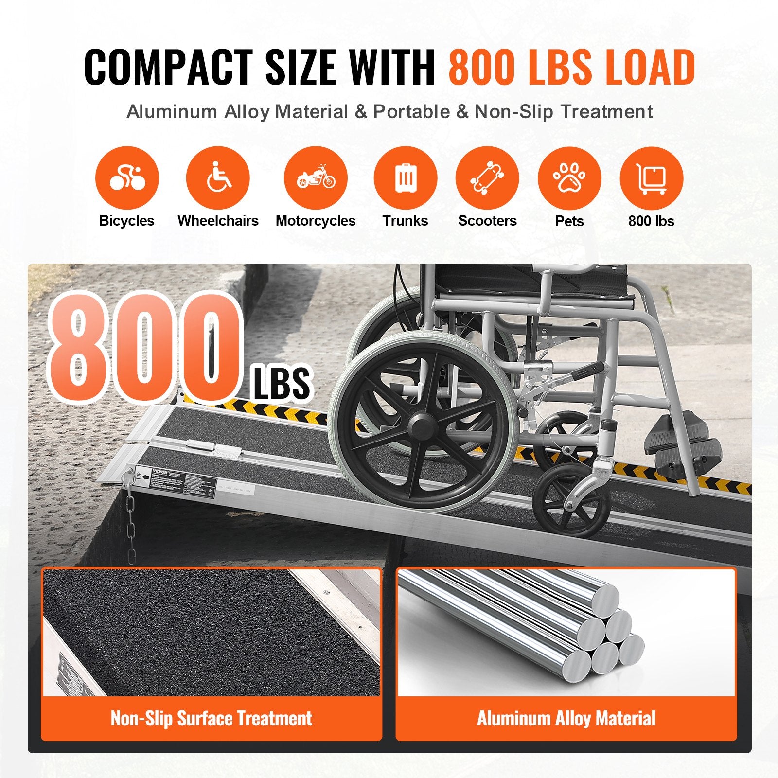 VEVOR Portable Wheelchair Ramp, 182.9 cm 362.9 kg Capacity, Non-Slip Aluminum Folding Threshold Ramp, Foldable Mobility Scooter Ramp Wheel Chair Ramp, Handicap Ramp for Home Steps, Stairs, Doorways, Curbs