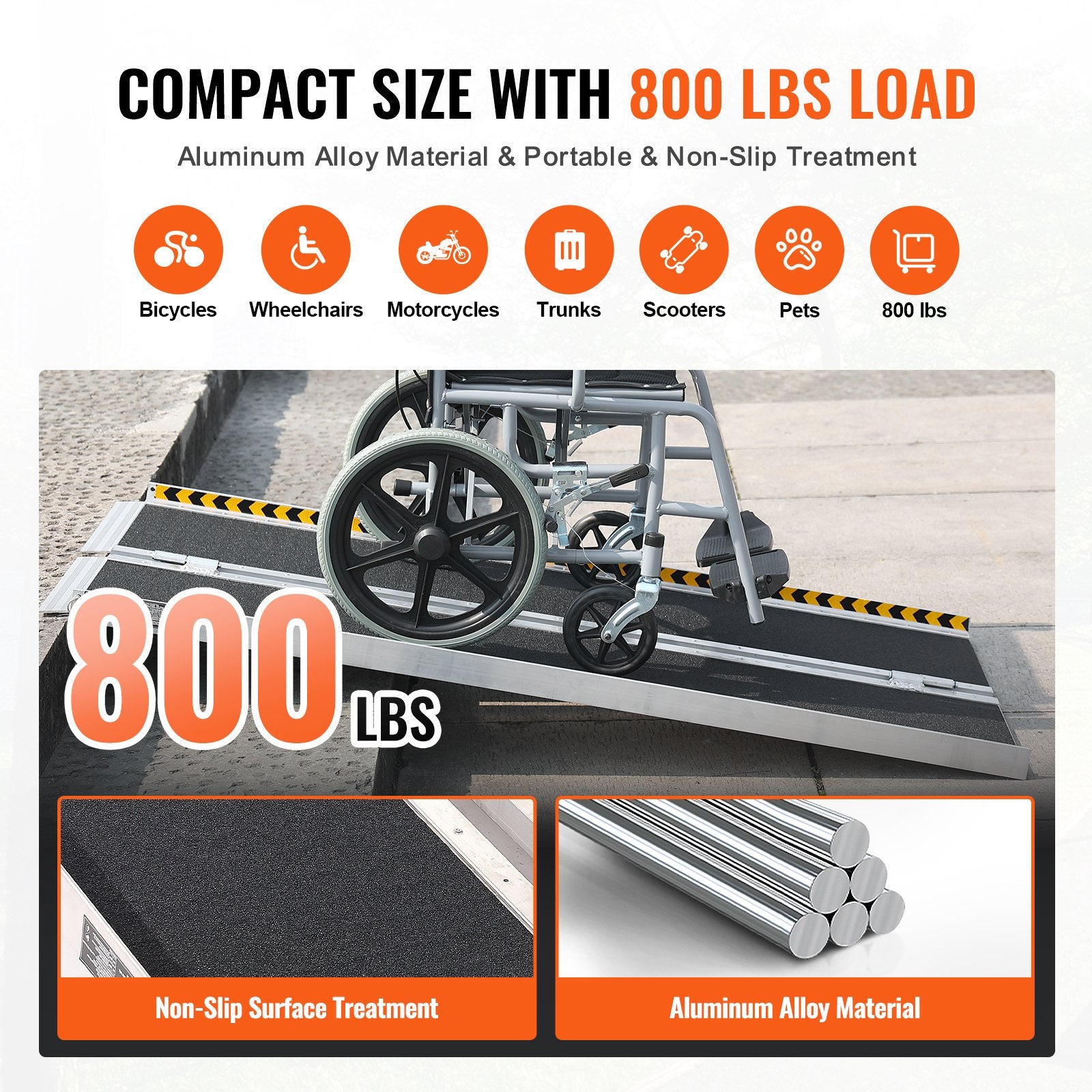 VEVOR Portable Wheelchair Ramp, 152 cm 363 kg Capacity, Non-Slip Aluminum Folding Threshold Ramp, Foldable Mobility Scooter Ramp Wheel Chair Ramp, Handicap Ramp for Home Steps, Stairs, Doorways, Curbs