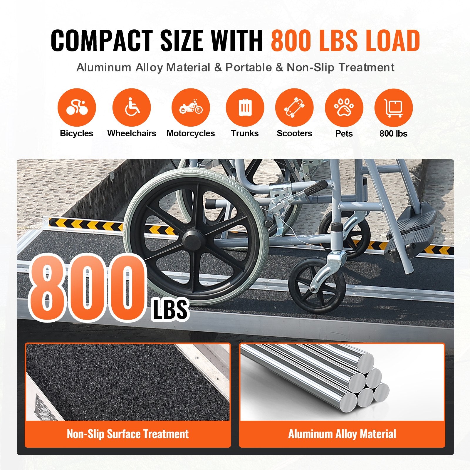 VEVOR Portable Wheelchair Ramp, 304.8 cm 363 kg Capacity, Non-Slip Aluminum Folding Threshold Ramp, Foldable Mobility Scooter Ramp Wheel Chair Ramp, Handicap Ramp for Home Steps, Stairs, Doorways, Curbs