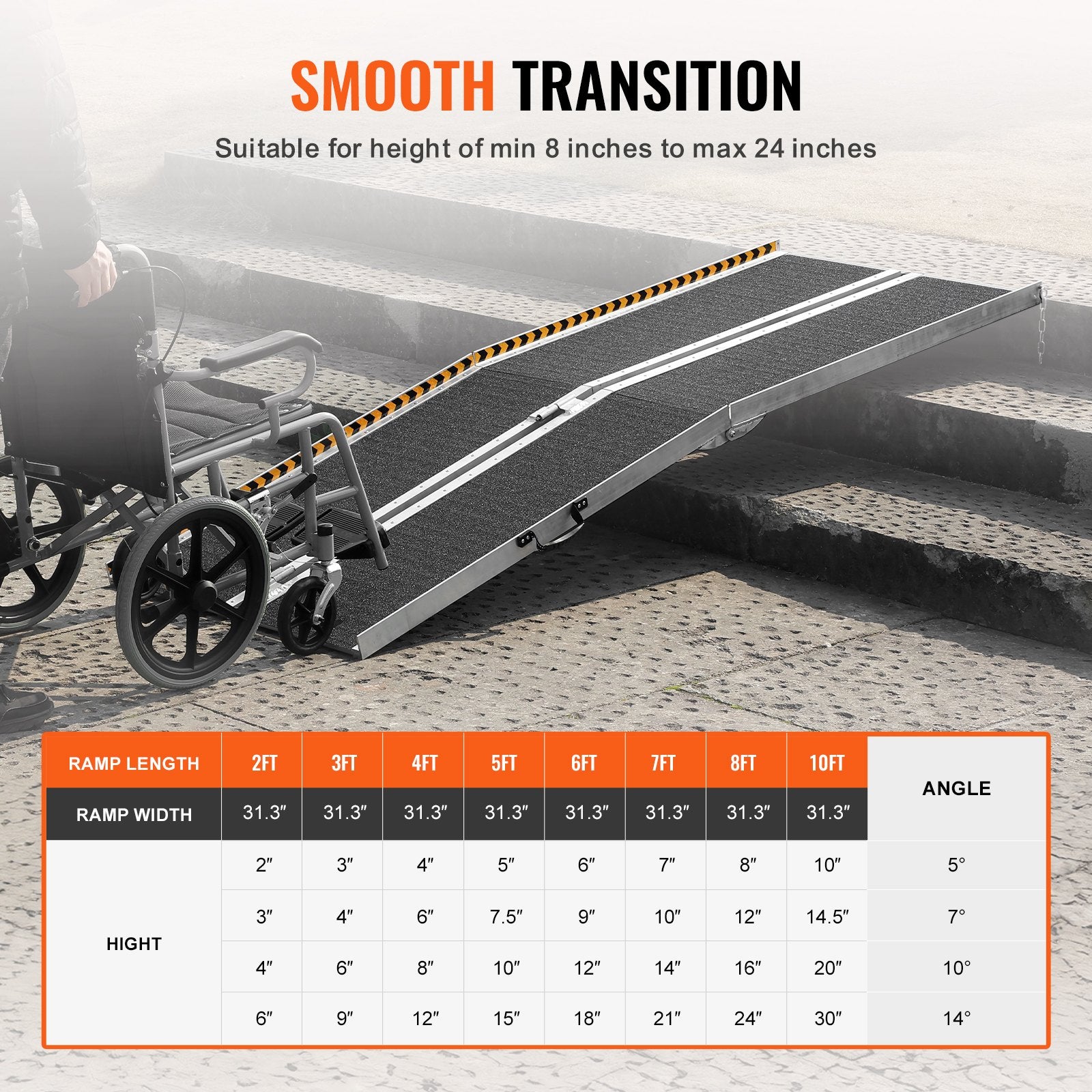 VEVOR Portable Wheelchair Ramp, 243.8 cm 363 kg Capacity, Non-Slip Aluminum Folding Threshold Ramp, Foldable Mobility Scooter Ramp Wheel Chair Ramp, Handicap Ramp for Home Steps, Stairs, Doorways, Curbs