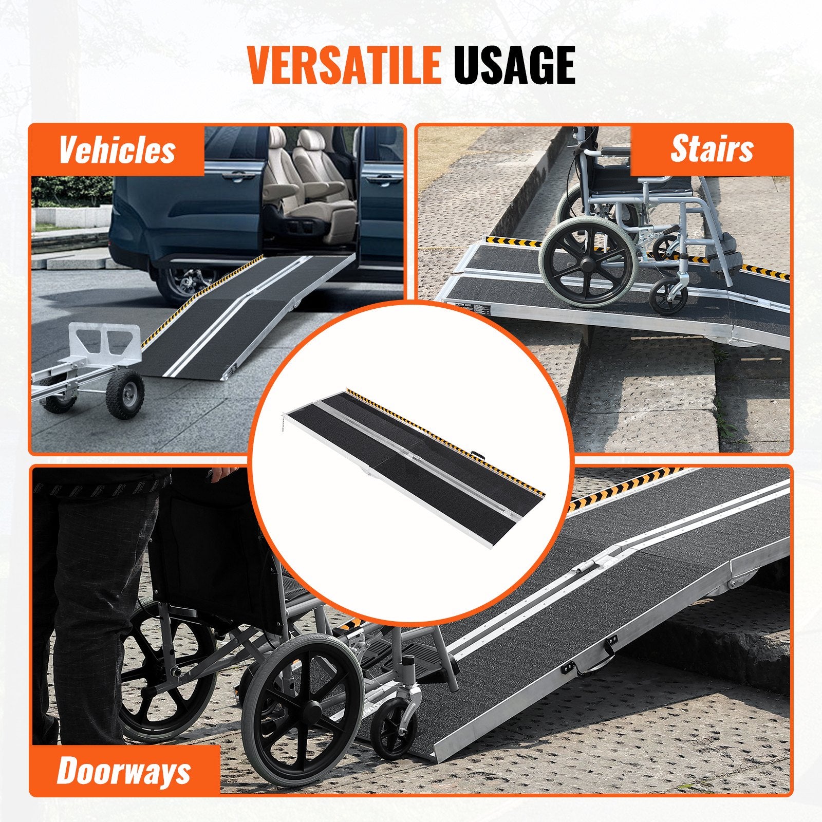VEVOR Portable Wheelchair Ramp, 243.8 cm 363 kg Capacity, Non-Slip Aluminum Folding Threshold Ramp, Foldable Mobility Scooter Ramp Wheel Chair Ramp, Handicap Ramp for Home Steps, Stairs, Doorways, Curbs