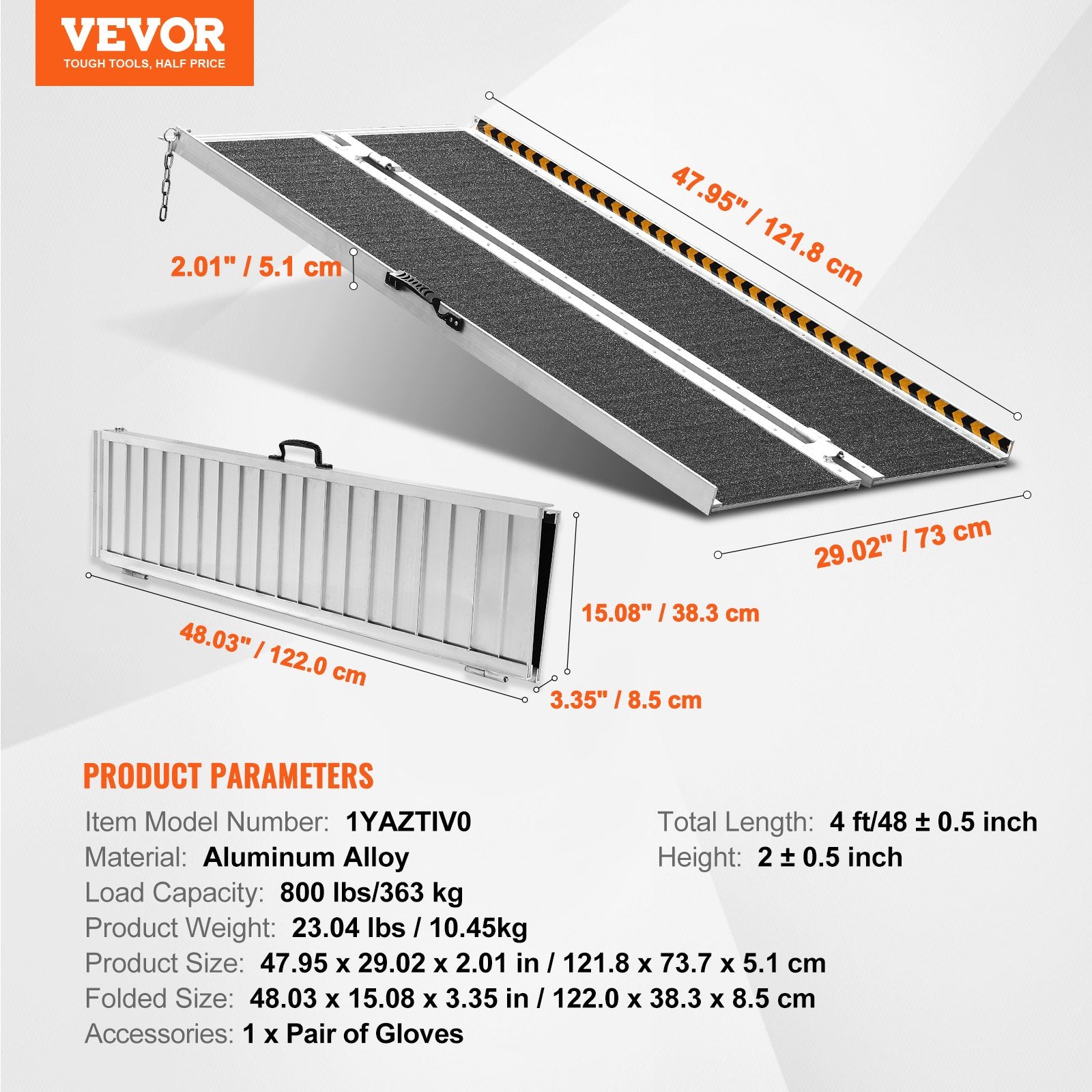 VEVOR Portable Wheelchair Ramp, 121.9 cm 362.9 kg Capacity, Non-Slip Aluminum Folding Threshold Ramp, Foldable Mobility Scooter Ramp Wheel Chair Ramp, Handicap Ramp for Home Steps, Stairs, Doorways, Curbs
