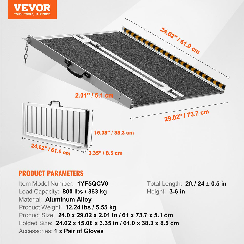 VEVOR Portable Wheelchair Ramp, 61 cm 362.9 kg Capacity, Non-Slip Aluminum Folding Threshold Ramp, Foldable Mobility Scooter Ramp Wheel Chair Ramp, Handicap Ramp for Home Steps, Stairs, Doorways, Curbs