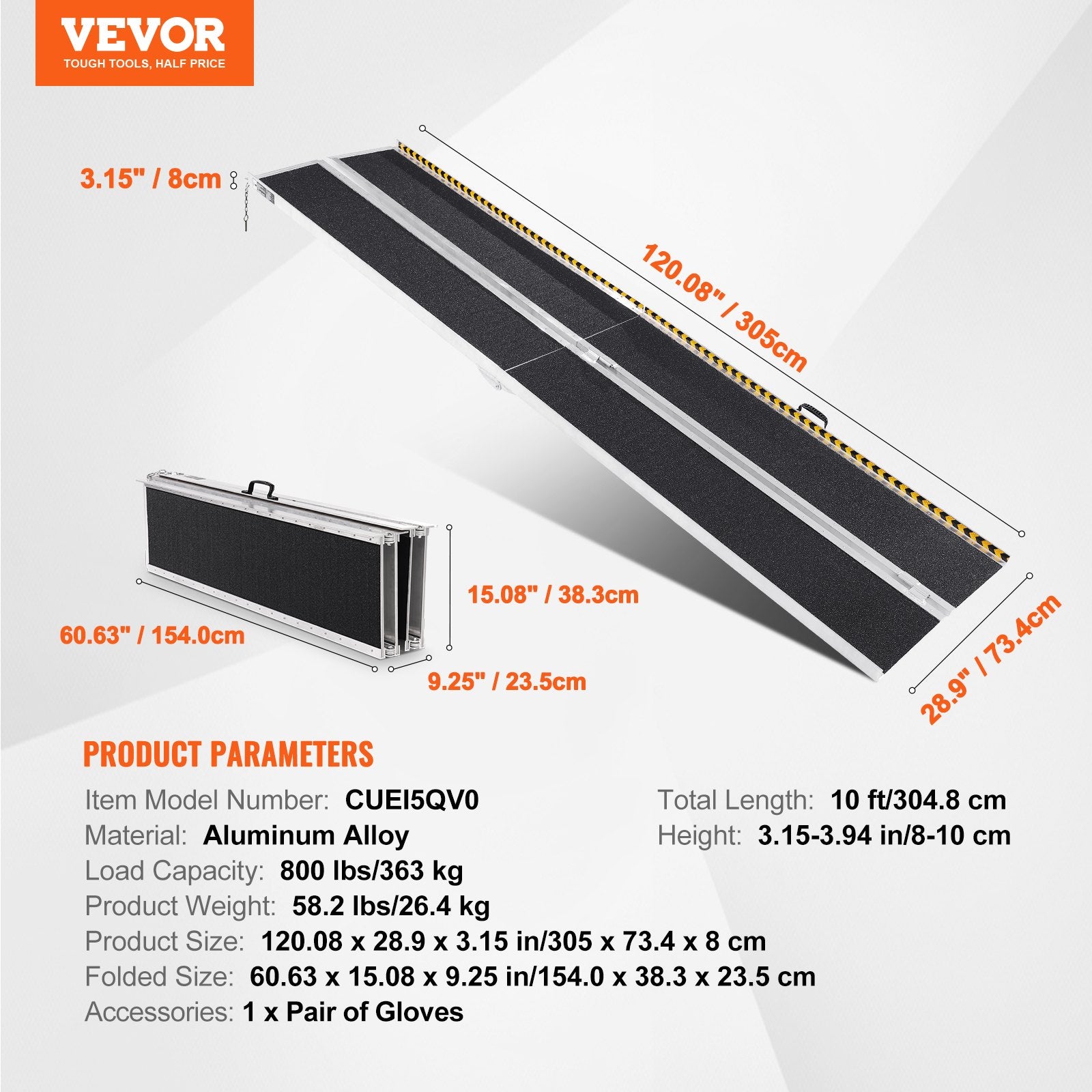 VEVOR Portable Wheelchair Ramp, 304.8 cm 363 kg Capacity, Non-Slip Aluminum Folding Threshold Ramp, Foldable Mobility Scooter Ramp Wheel Chair Ramp, Handicap Ramp for Home Steps, Stairs, Doorways, Curbs