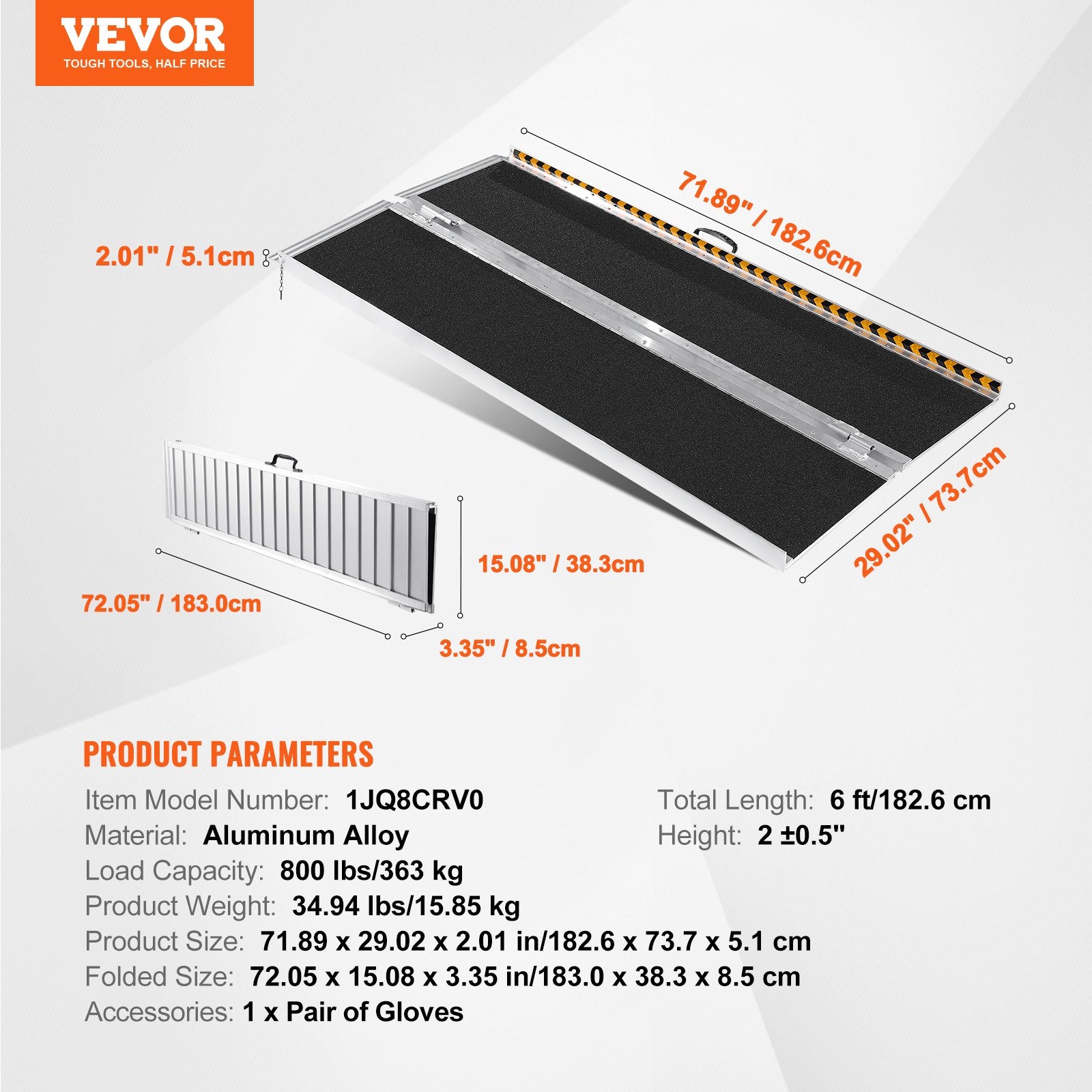 VEVOR Portable Wheelchair Ramp, 182.9 cm 362.9 kg Capacity, Non-Slip Aluminum Folding Threshold Ramp, Foldable Mobility Scooter Ramp Wheel Chair Ramp, Handicap Ramp for Home Steps, Stairs, Doorways, Curbs