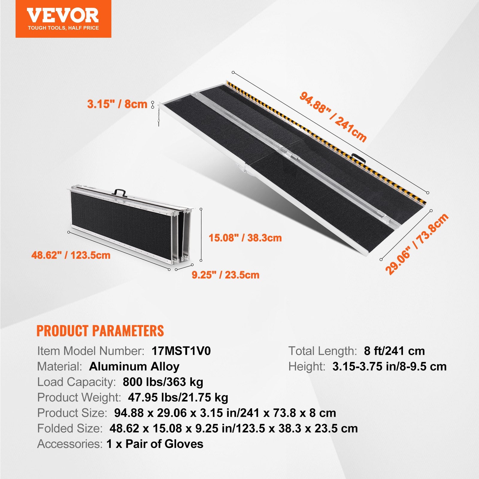 VEVOR Portable Wheelchair Ramp, 243.8 cm 363 kg Capacity, Non-Slip Aluminum Folding Threshold Ramp, Foldable Mobility Scooter Ramp Wheel Chair Ramp, Handicap Ramp for Home Steps, Stairs, Doorways, Curbs