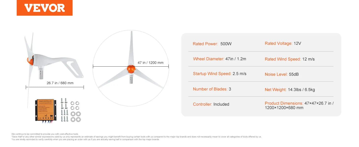 VEVOR 500W vēja ģenerātors – efektīvs un uzticams risinājums zaļajai enerģijai