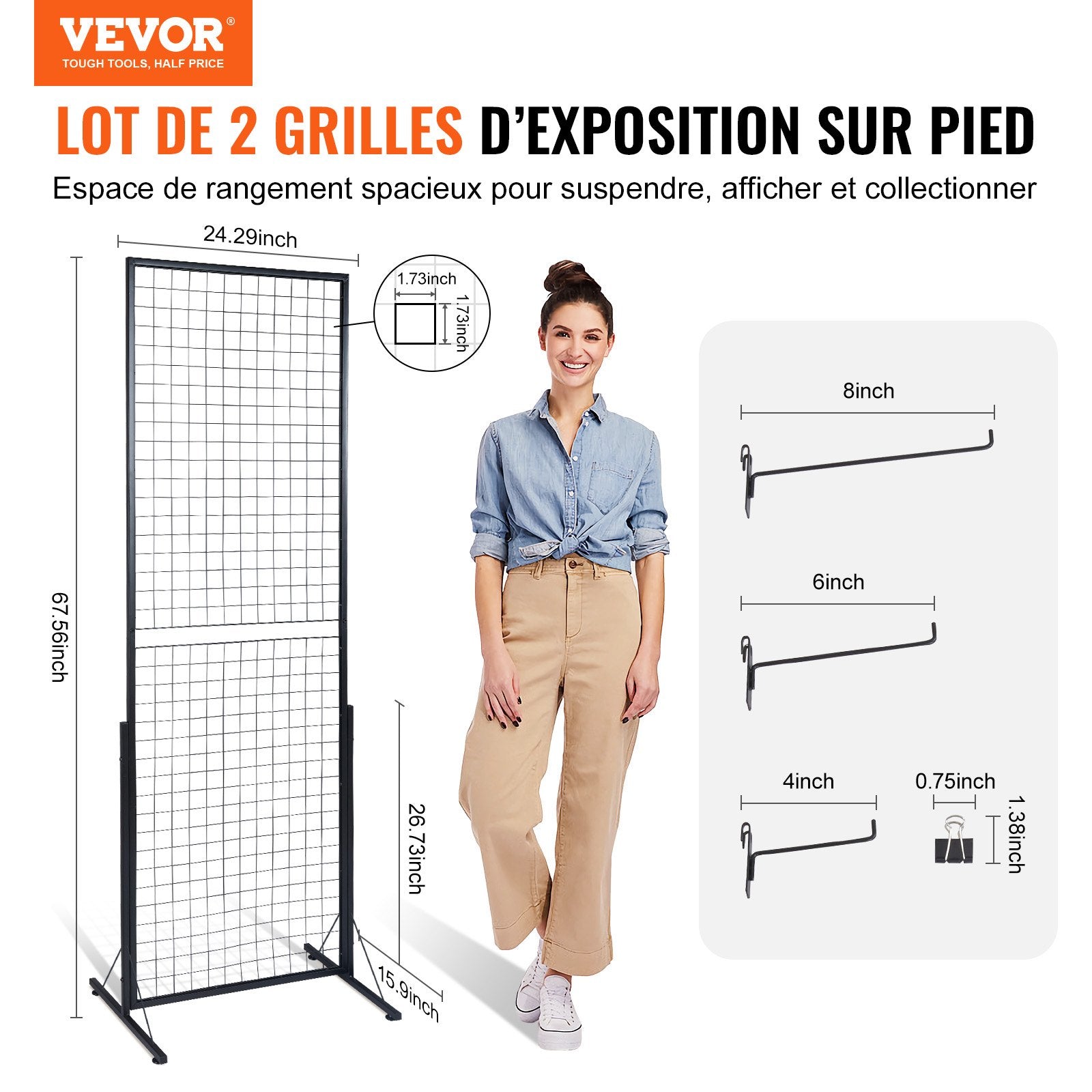 VEVOR 61 x 170.7 cm Grid Wall Panels Tower, 2 Packs Wire Gridwall Display Racks with T-Base Floorstanding, Double Side Gridwall Panels for Art Craft Shows, Retail Display with Extra Clips and Hooks