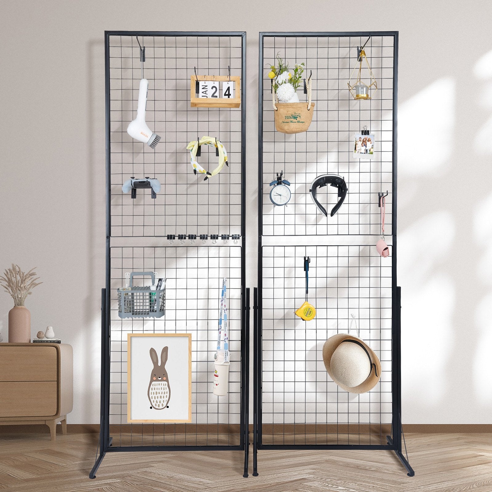 VEVOR 61 x 170.7 cm Grid Wall Panels Tower, 2 Packs Wire Gridwall Display Racks with T-Base Floorstanding, Double Side Gridwall Panels for Art Craft Shows, Retail Display with Extra Clips and Hooks