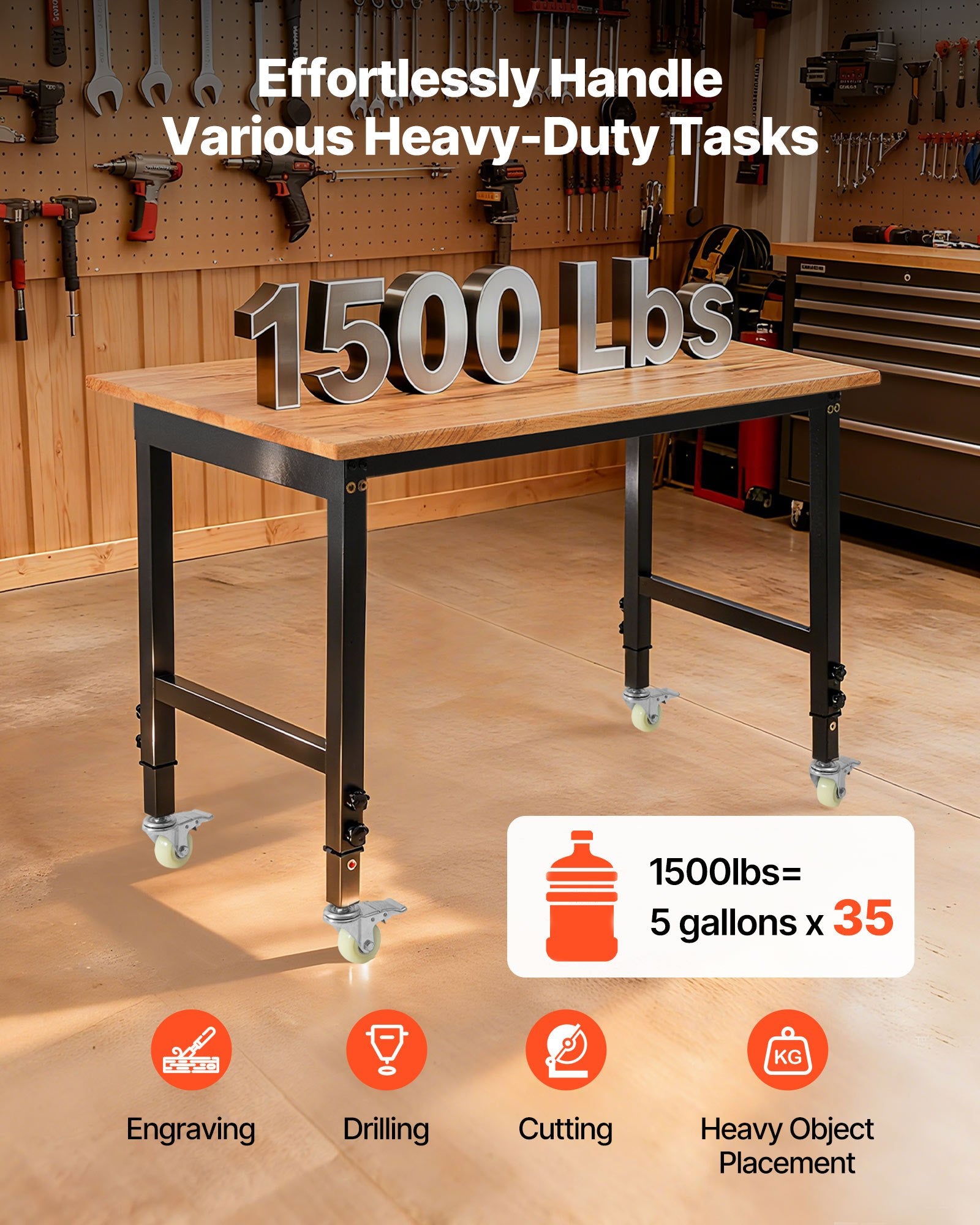 VEVOR Adjustable Workbench on Wheels, 680 kg Capacity, 122 x 60 cm Oak Wood Top Workbench with 72.5-107.5 Height Adjustment, Heavy-Duty Hardwood Worktable for Garage, Workshop, Home, Office